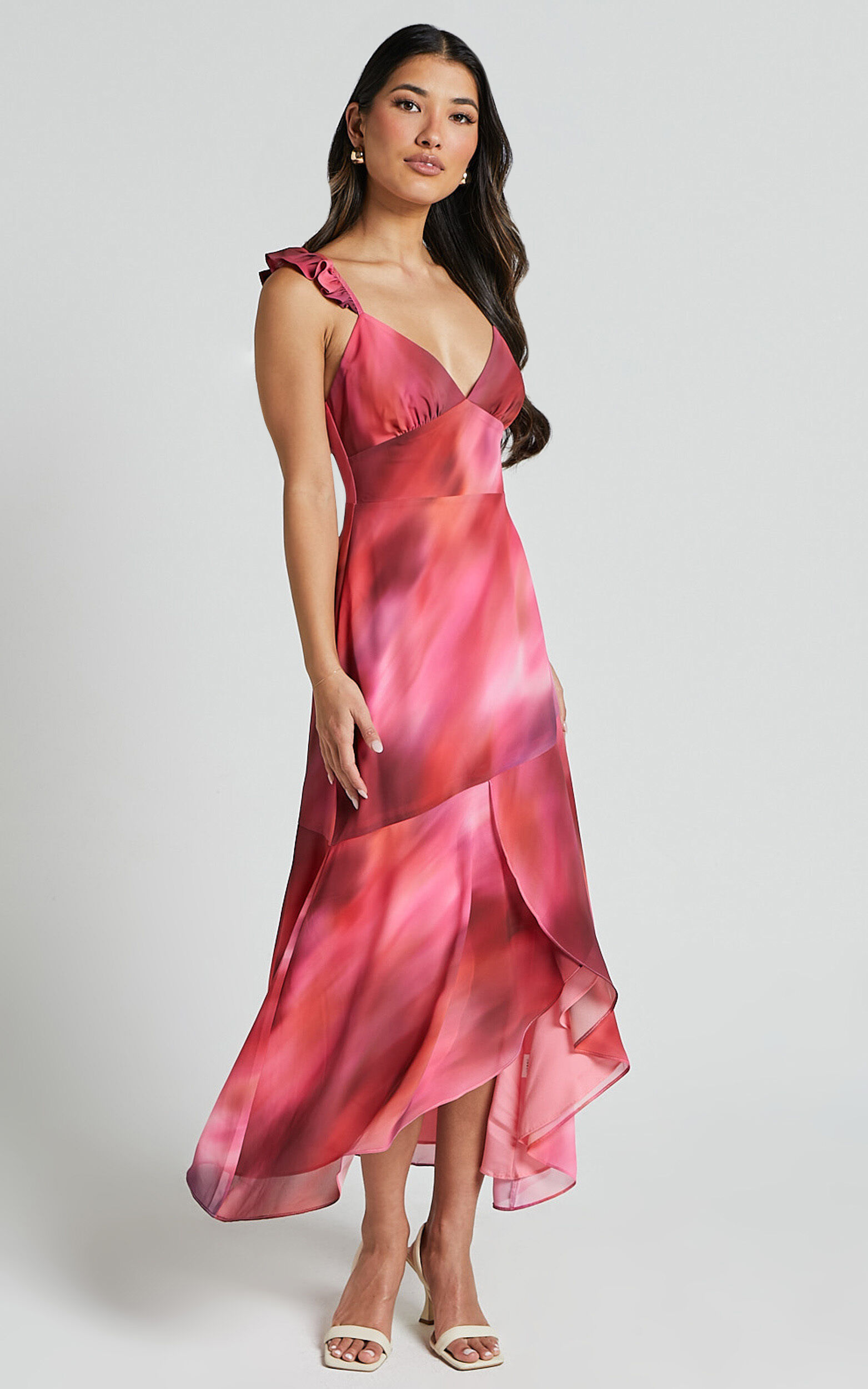 Gillian Midi Dress - Flutter Sleeve Low Back Ruffle Detail Dress in Blushing Haze