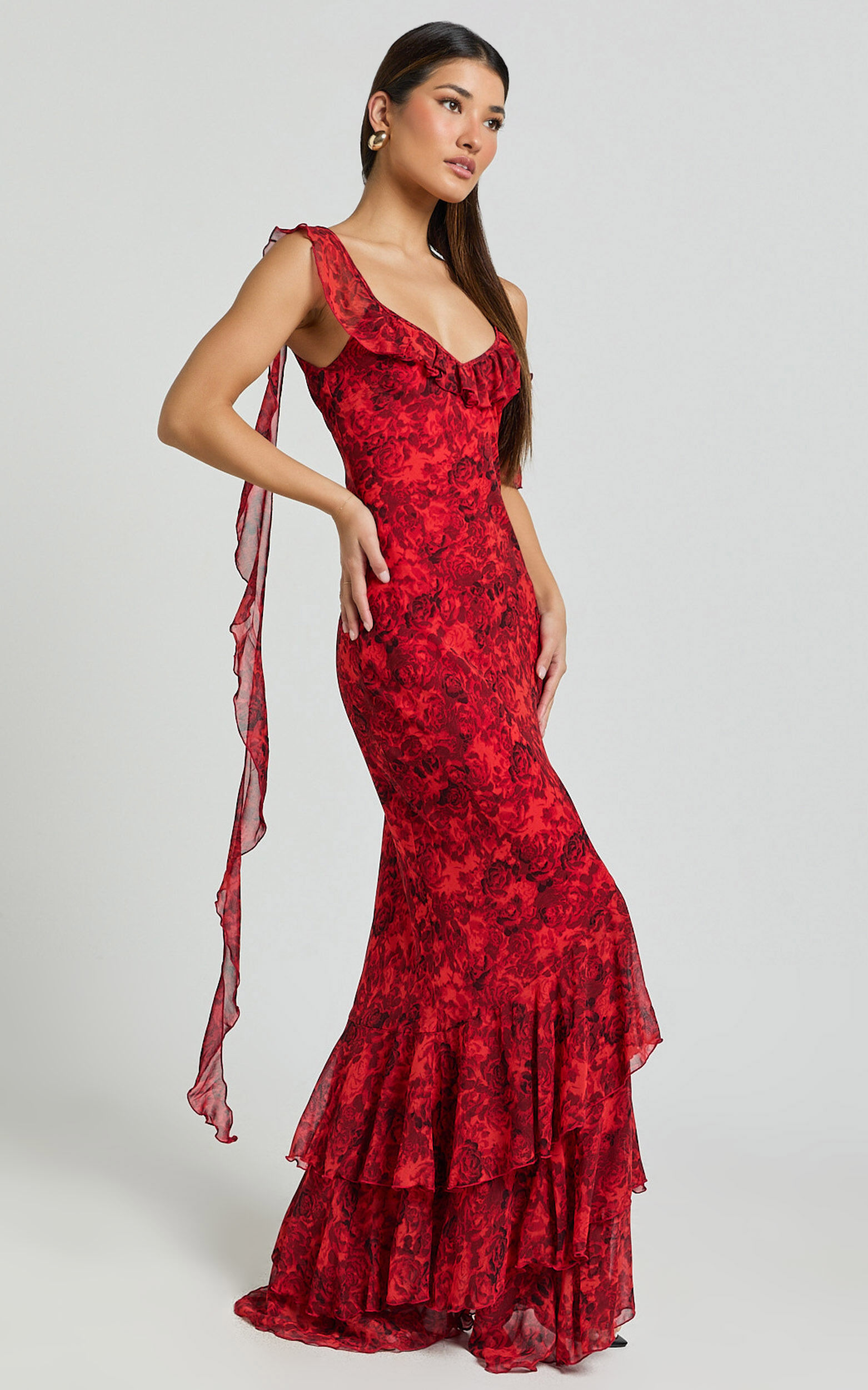 Riley Maxi Dress - Asymmetric Ruffle Detail Maxi Dress in Red Rose Print