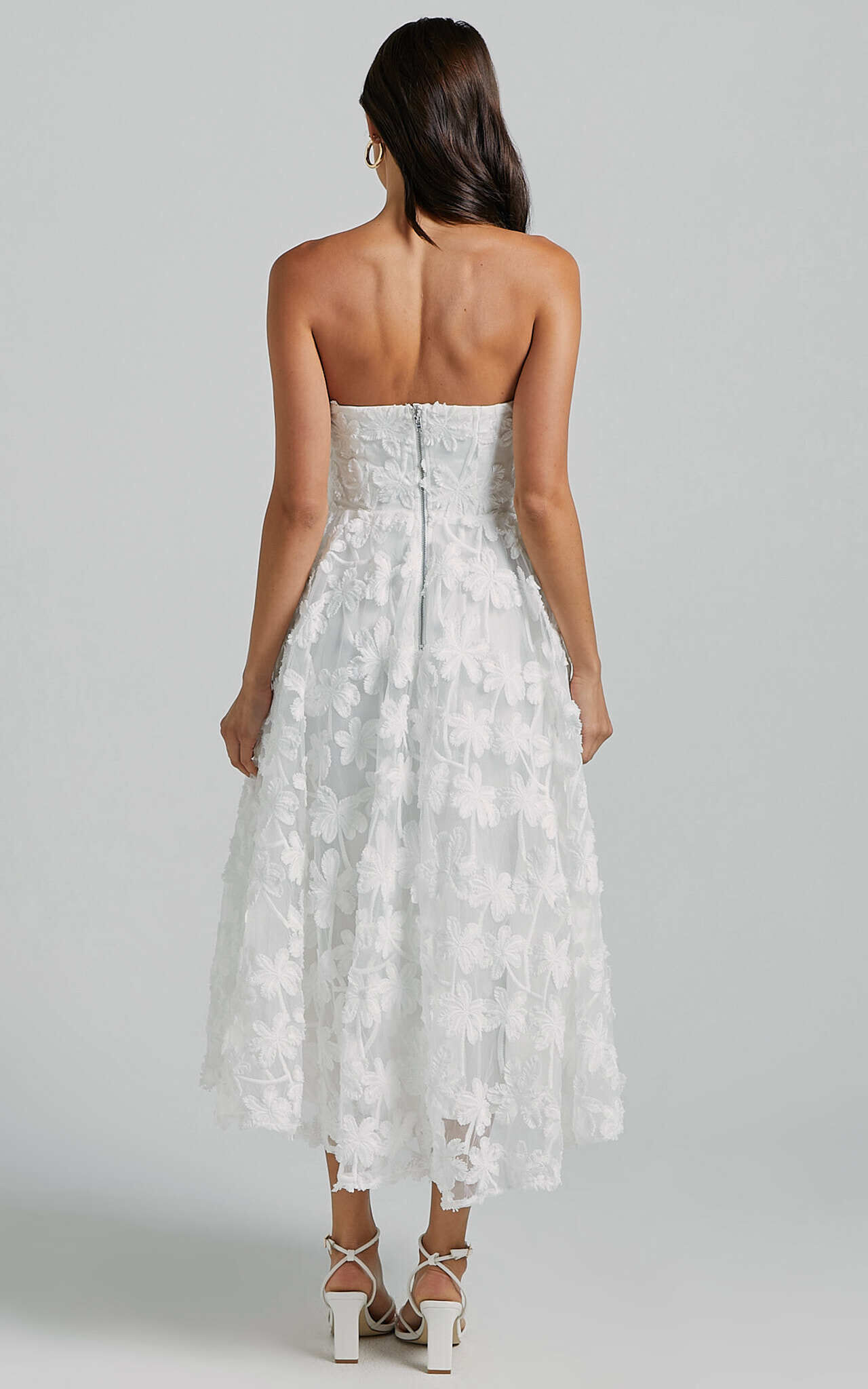 Rheiva Midi Dress - Strapless 3D Embroidery Midi Dress in White
