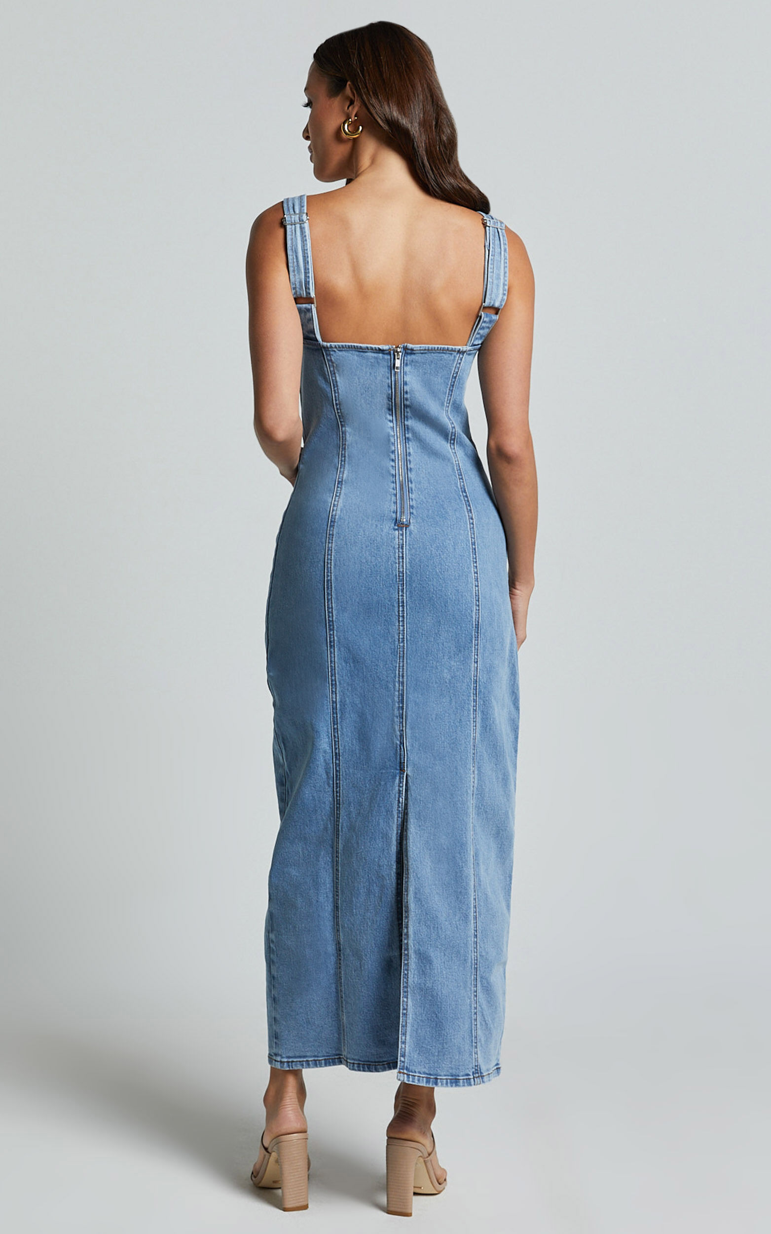 Zenith Midi Dress - Wide Strap Panel Detail Recycled Denim Dress in Mid Blue Wash