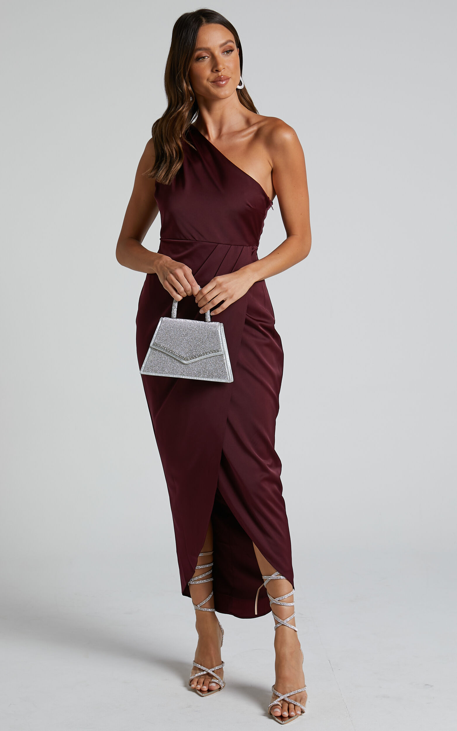 Felt So Happy Midi Dress - One Shoulder Drape Dress in Wine