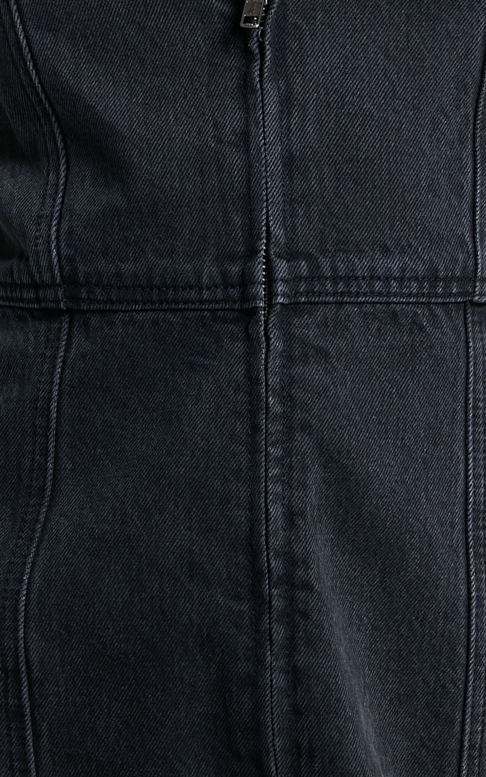 Chrysoula Mini Dress - Square Neck Zip Front Sleeveless Bodycon Denim in Washed Black