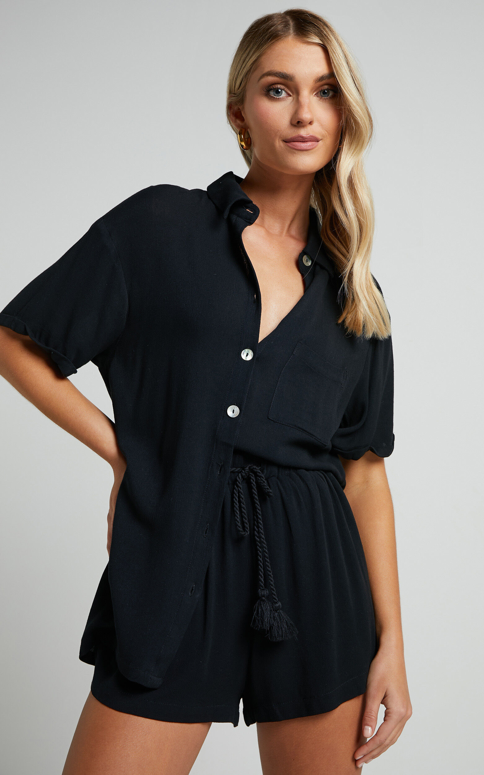 Jubilee Two Piece Set - Button Up Shirt and Shorts Set in Black