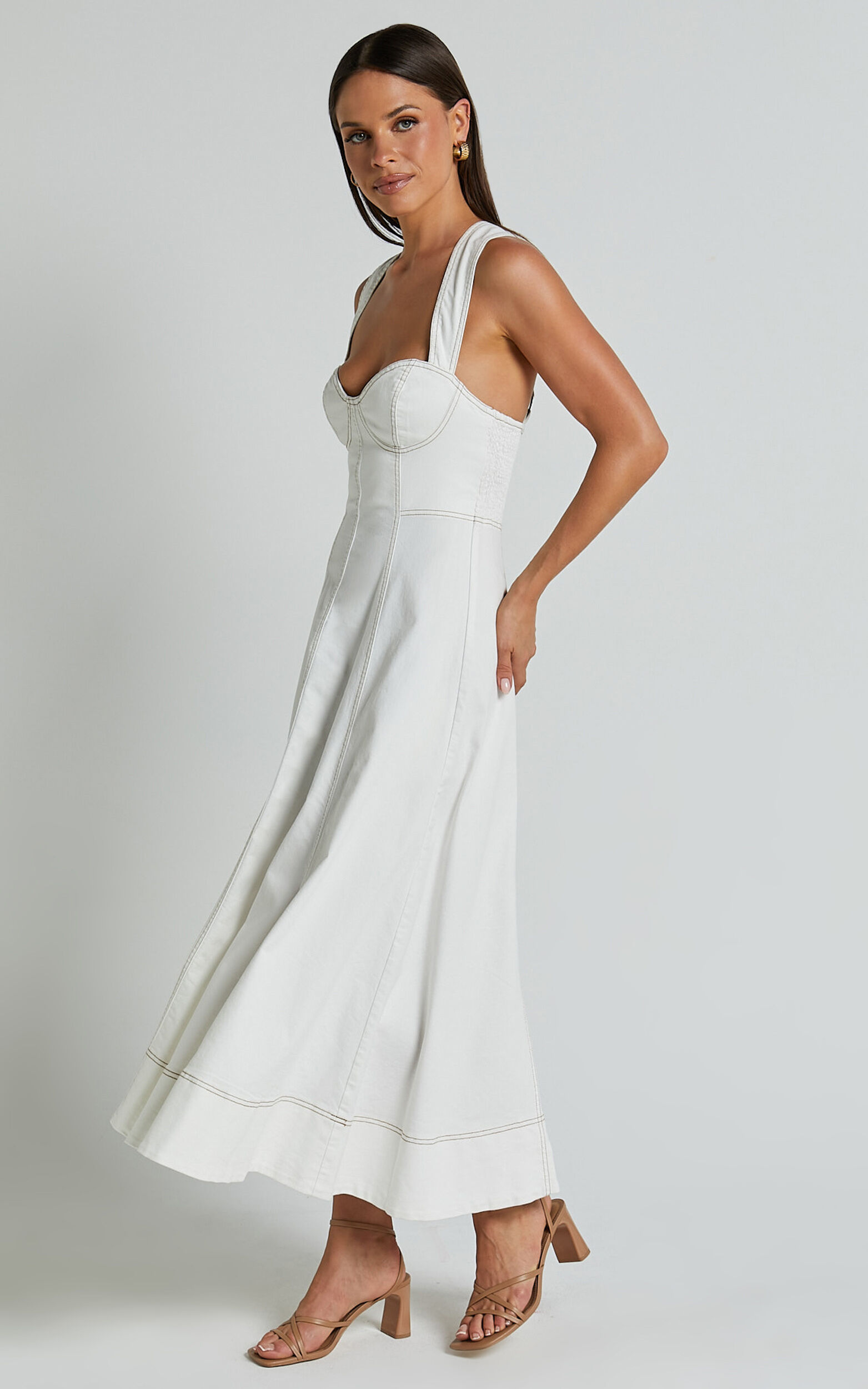 Edeline Midi Dress - Wide Strap Sweetheart Bust Dress in White