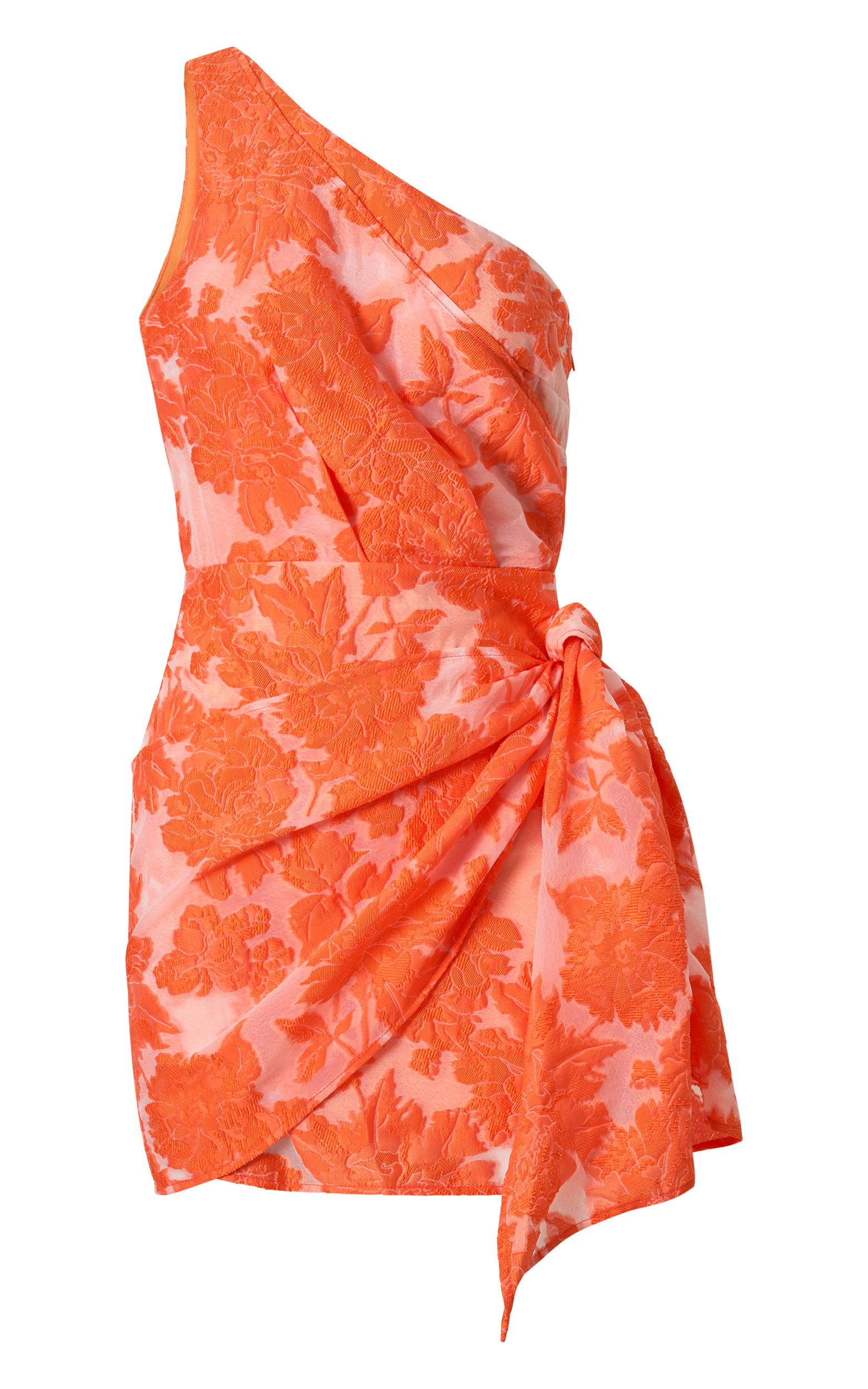 Brailey Mini Dress - One Shoulder Wrap Front Dress in Orange Jacquard