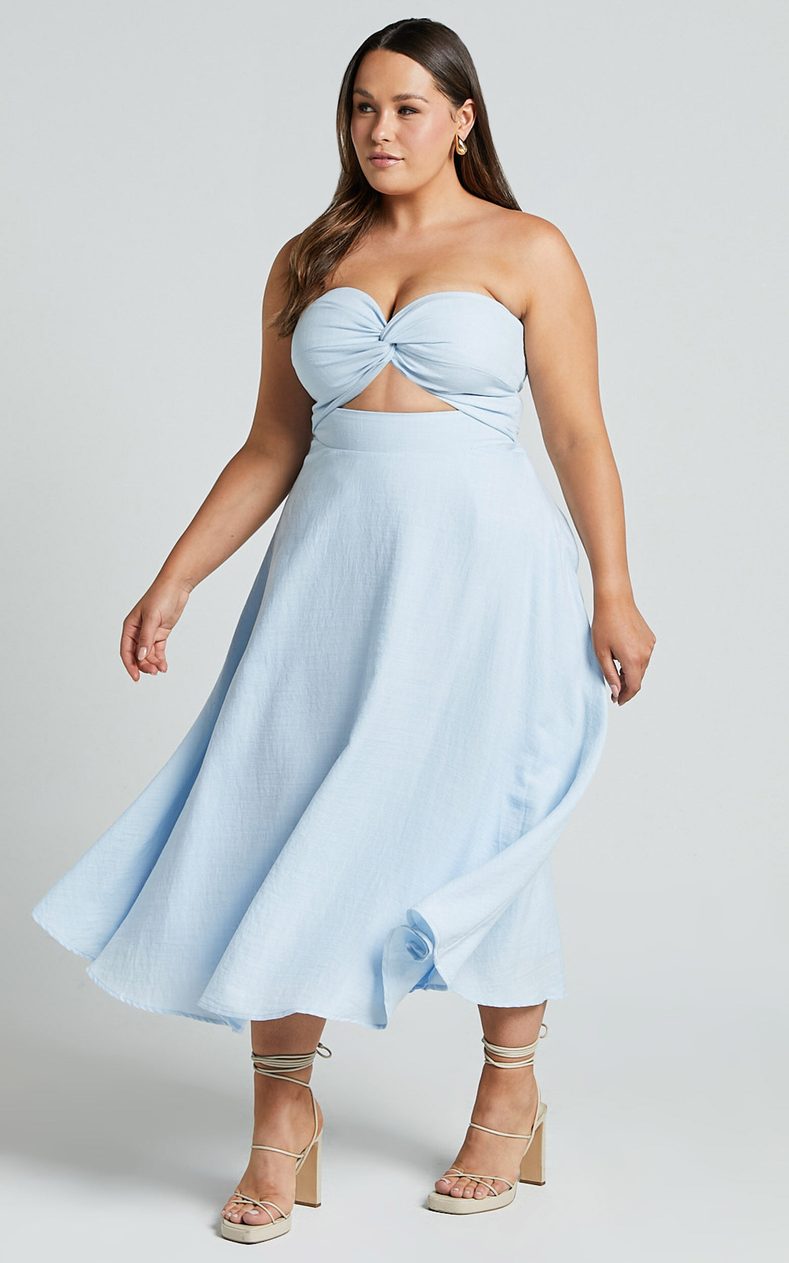 Avie Midi Dress - Twist Strapless Cocktail Dress in Ice Blue
