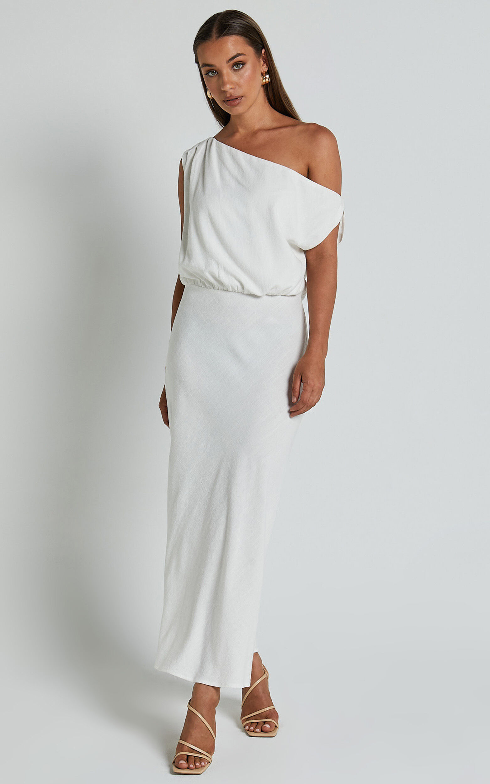 Jacqueline Midi Dress - Linen One Shoulder Dress in White