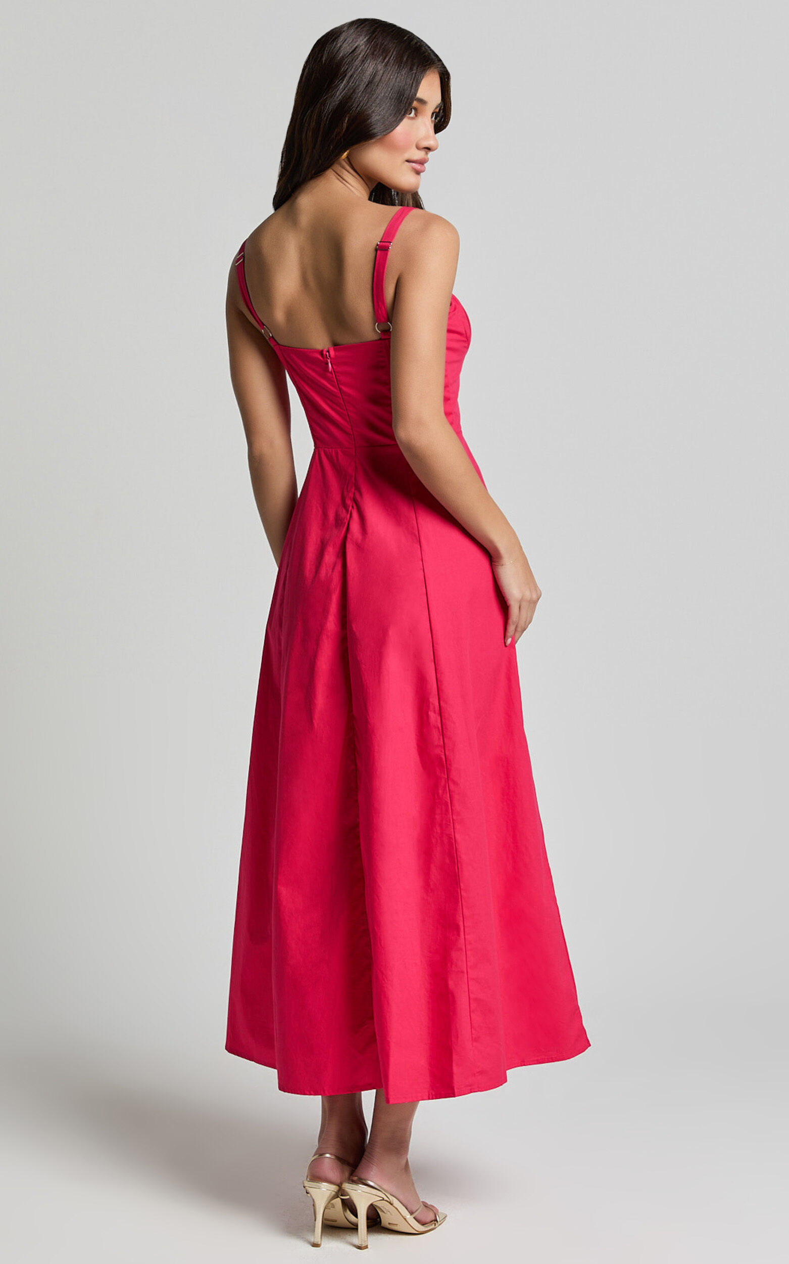 Maiya Midi Dress - Tie Front Fitted Bodice Dress in Hot Pink