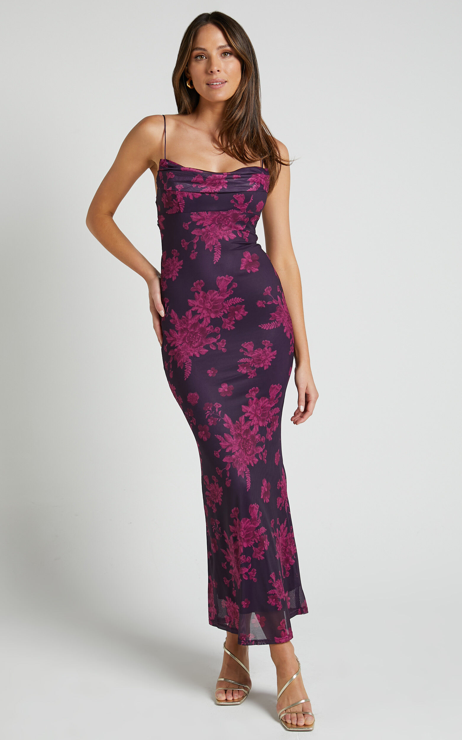 Ariel Midi Dress - Mesh Bodycon Tie Detail Dress in Purple Floral