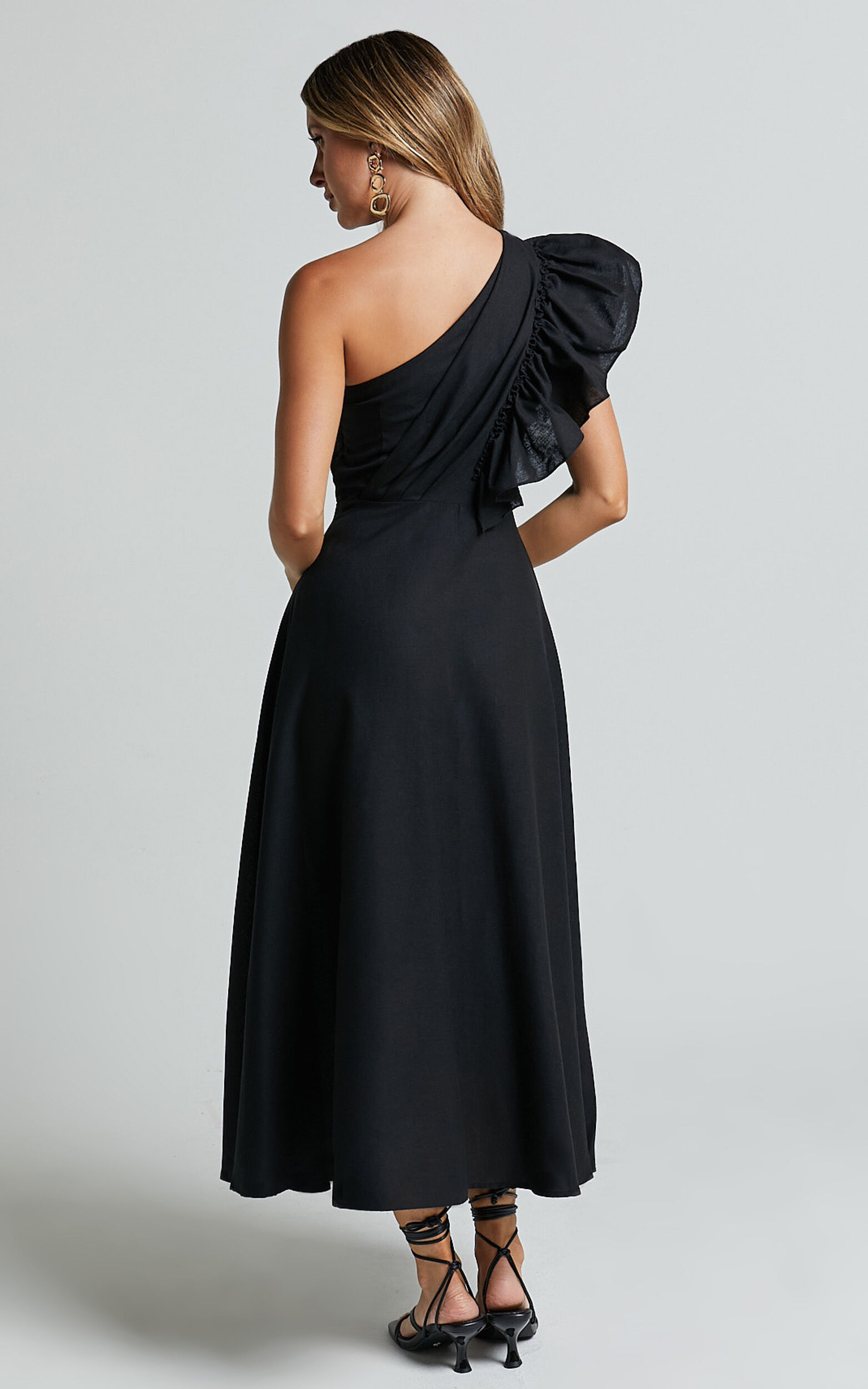 Dixie Midi Dress - Linen Look One Shoulder Ruffle Dress in Black