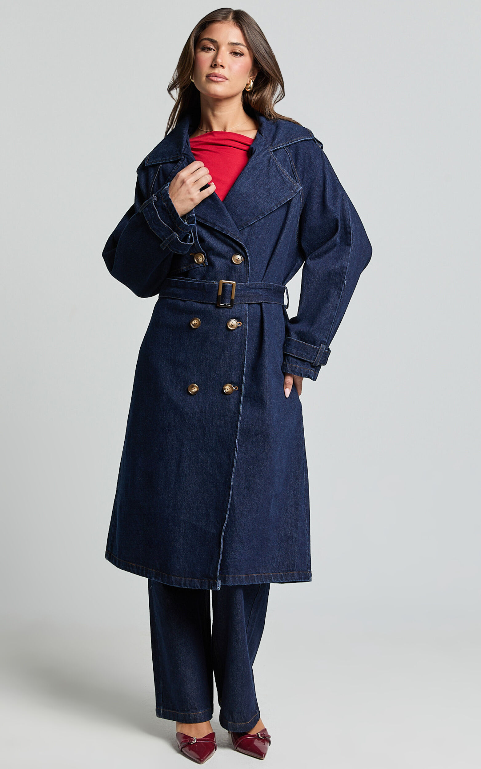Vinnie Trench Coat - Denim Washed Trench Coat in Dark Blue Wash