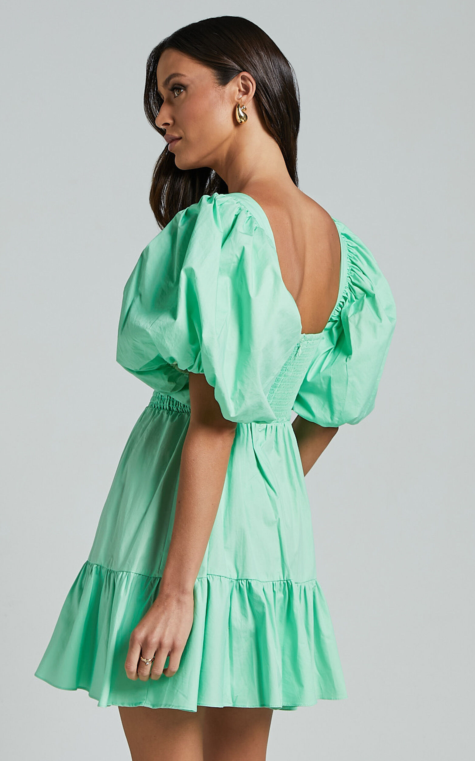 Rhiza Mini Dress - Sweetheart Puff Sleeve Flare Dress in Mint