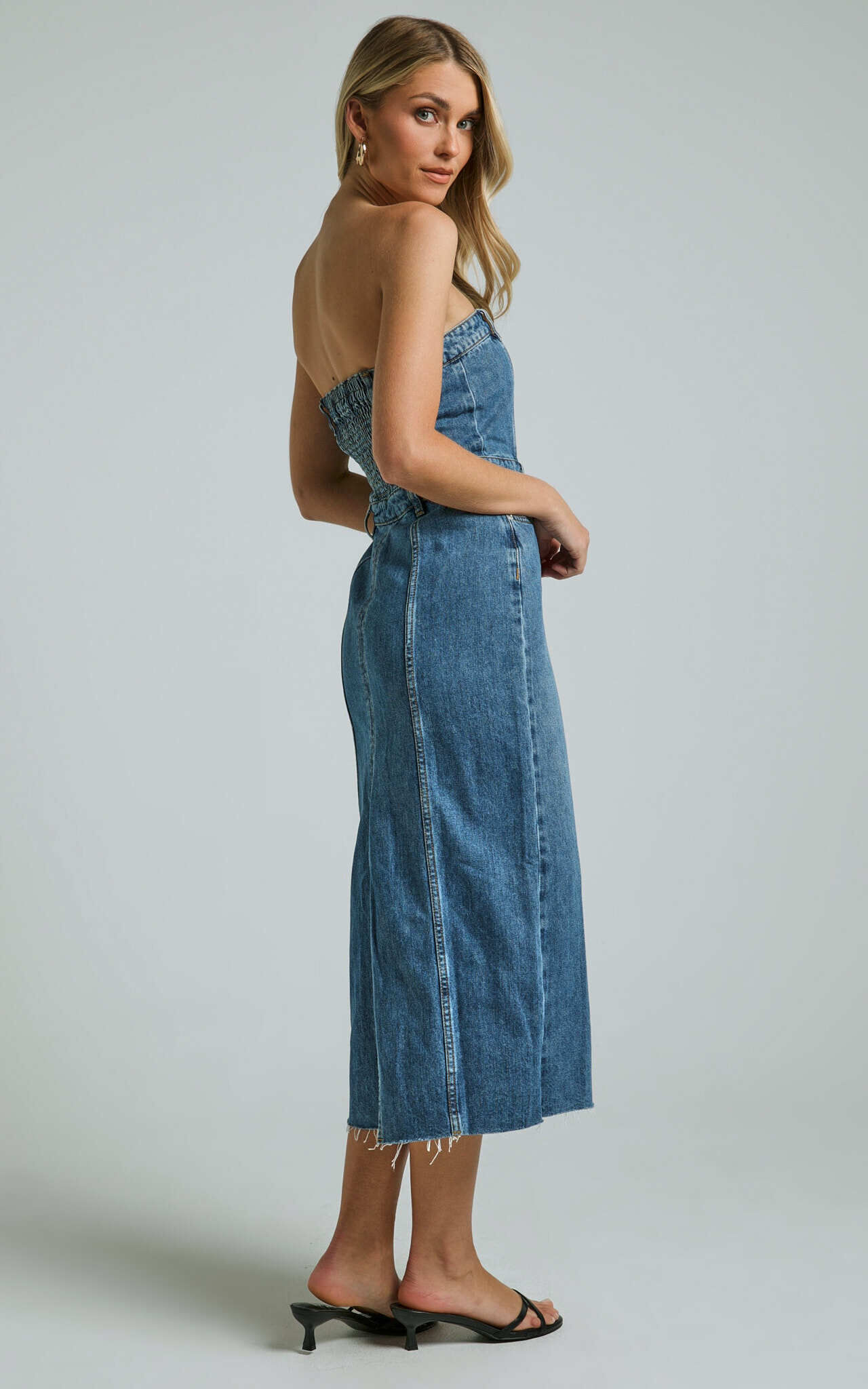 Keyla Midi Dress - Denim Strapless Button Front Shirred Back in Mid Blue Wash
