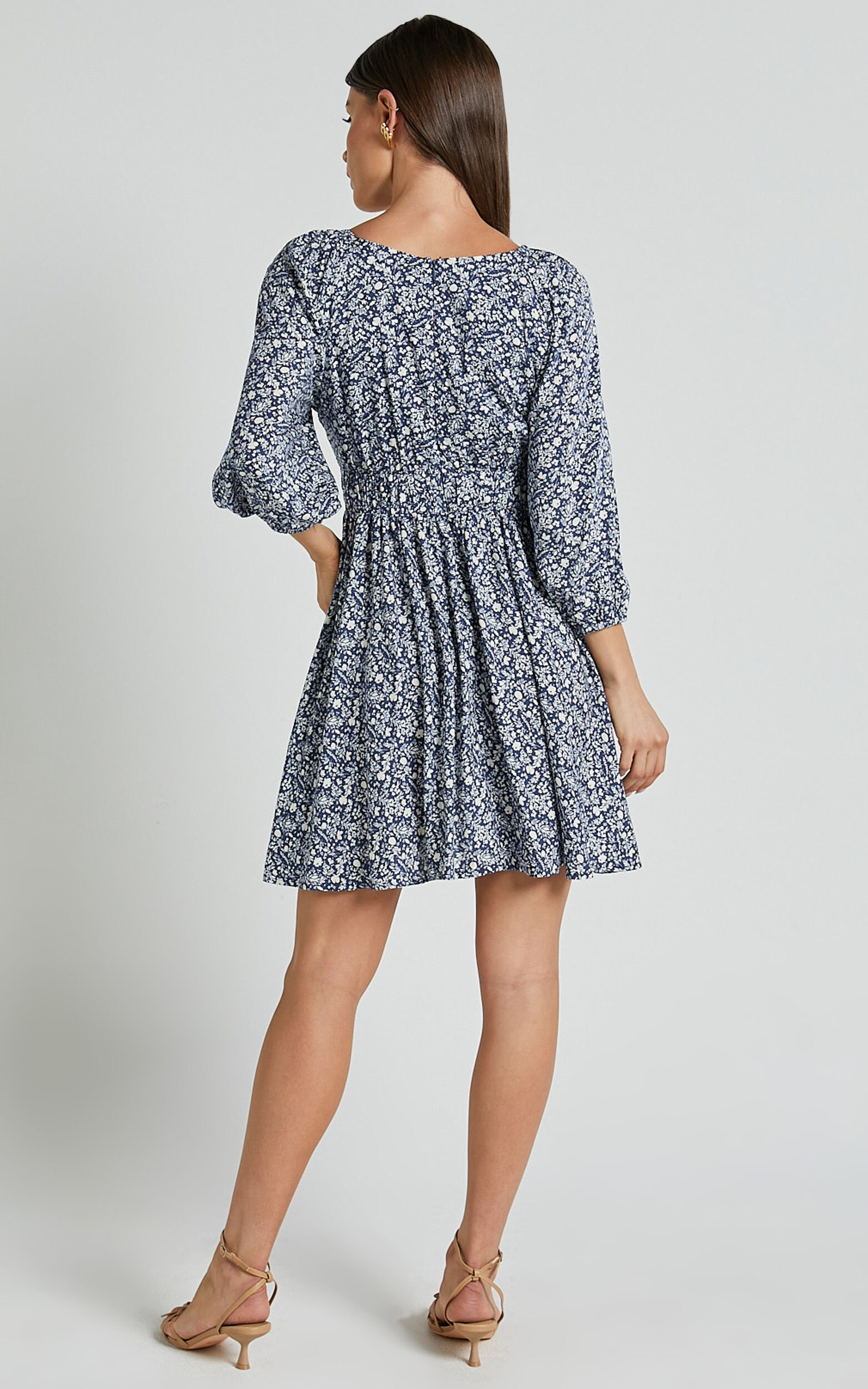 Chereena Mini Dress - Plunge Neck Raglan 3/4 Sleeve Smock Dress in Blue Floral