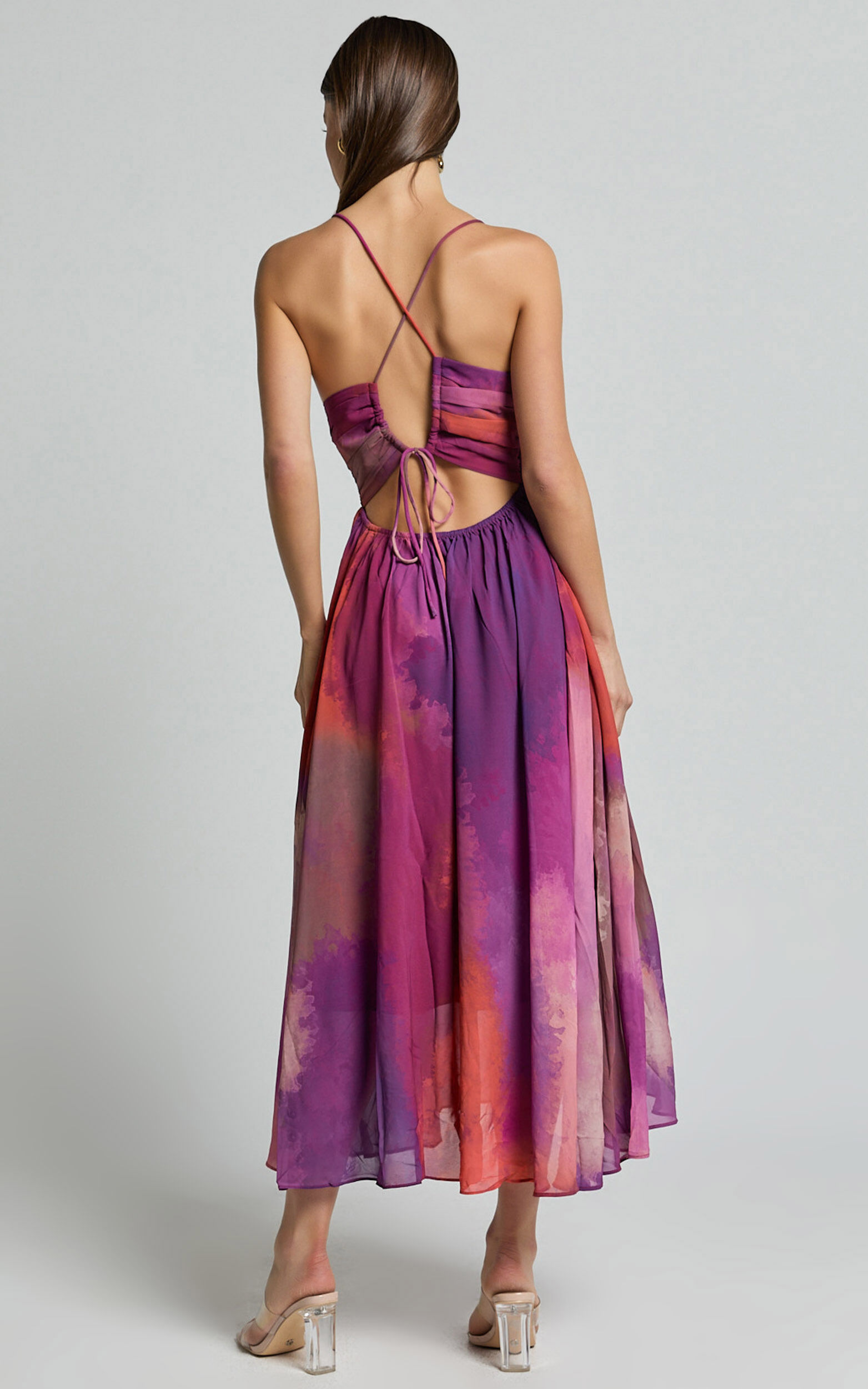 Josephine Midi Dress - Recycled Polyester Strappy Cross Tie Back Dress in Coral Mirage Print