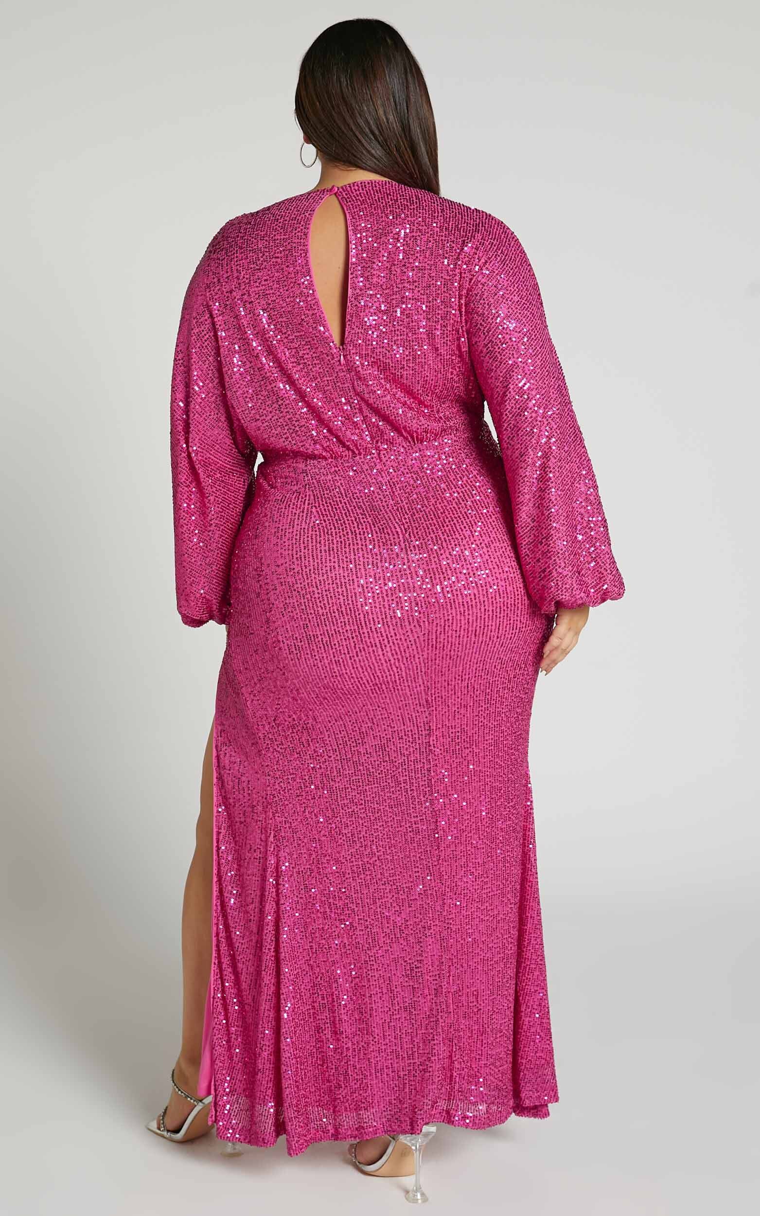 Arlington Midi Dress - Sequin Long Sleeve Dress in Hot Pink