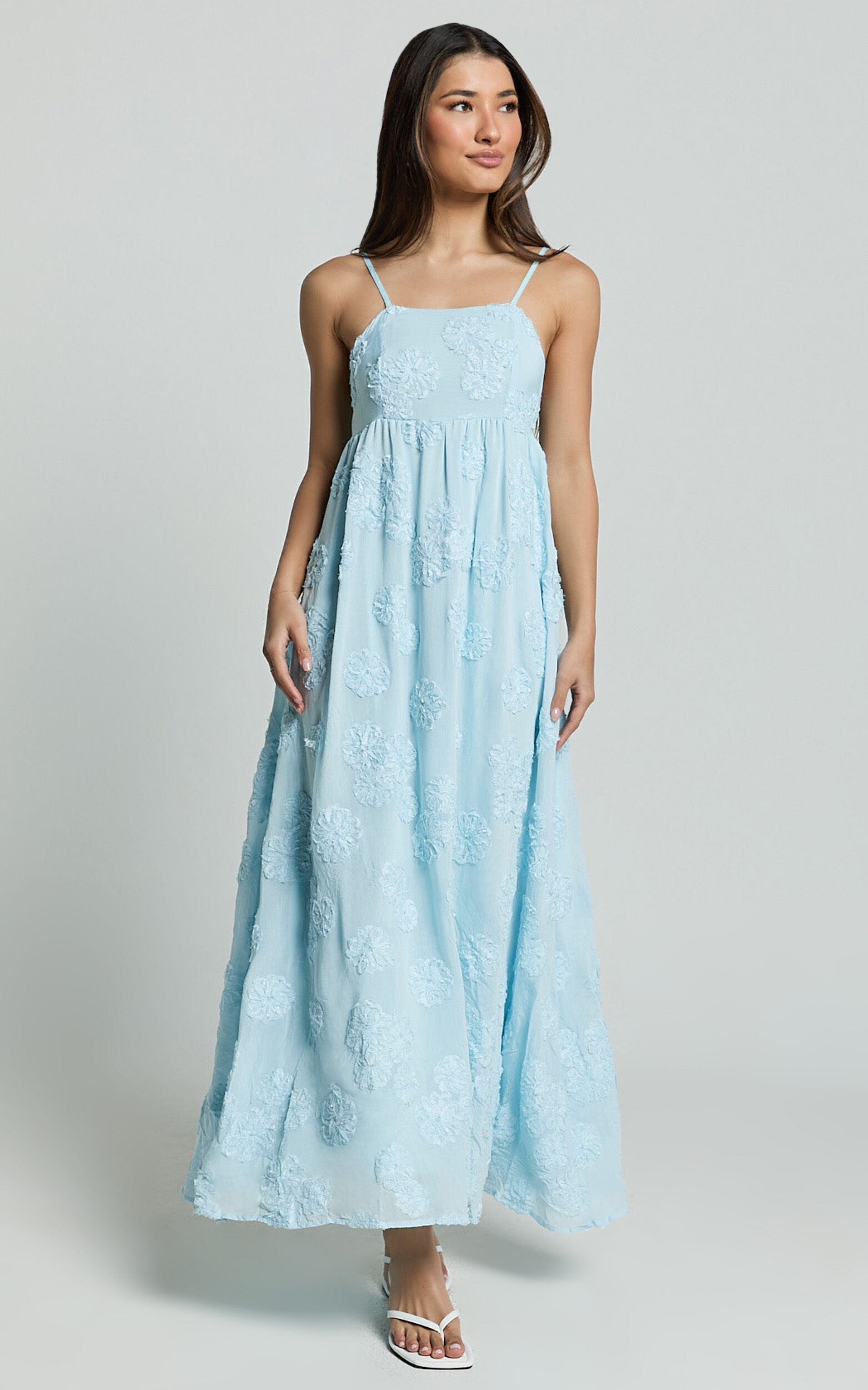Claya Maxi Dress - Sleeveless Straight Neckline Floral Detail Dress in Pale Blue