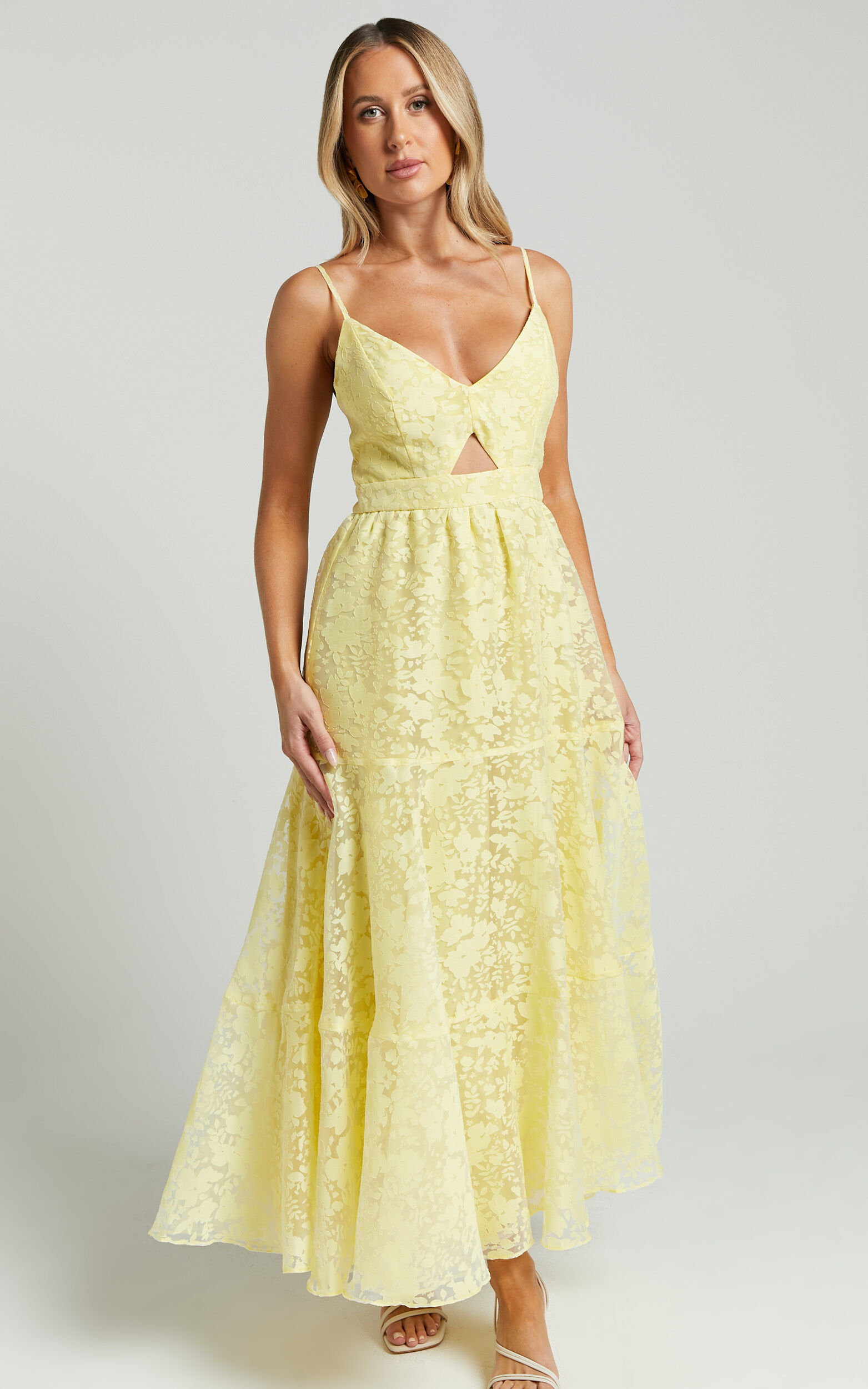 Jorie Midi Dress - Strappy Front Cut Out Tiered Skirt in Pastel Yellow