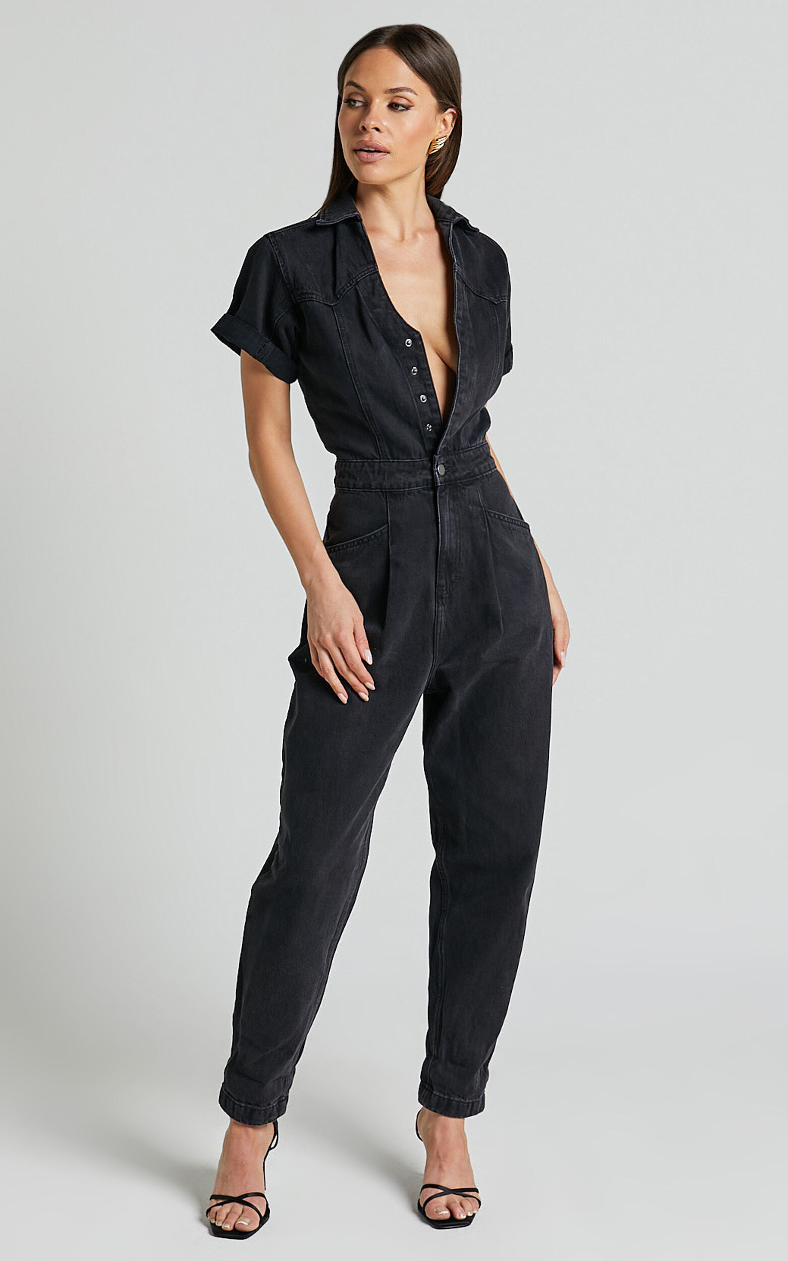 Jordyn Jumpsuit - Short Sleeve Collared Button Through Denim Jumpsuit in Black Wash