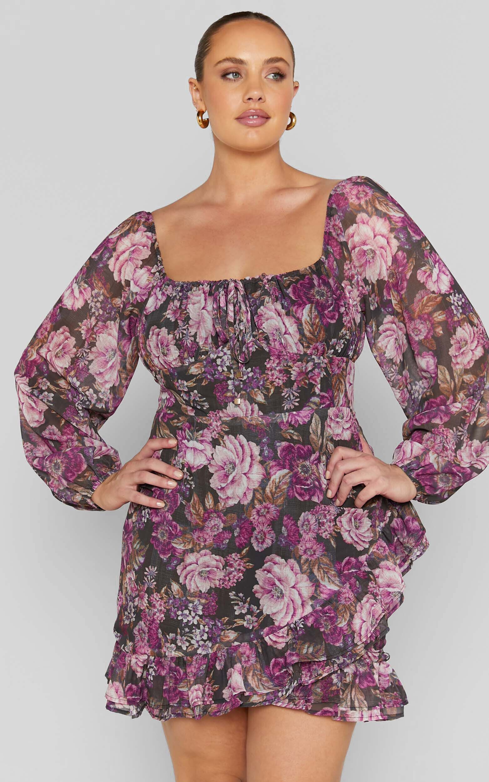 Grizela Mini Dress - Gathered Bust Long Sleeve Dress in Harvest Floral