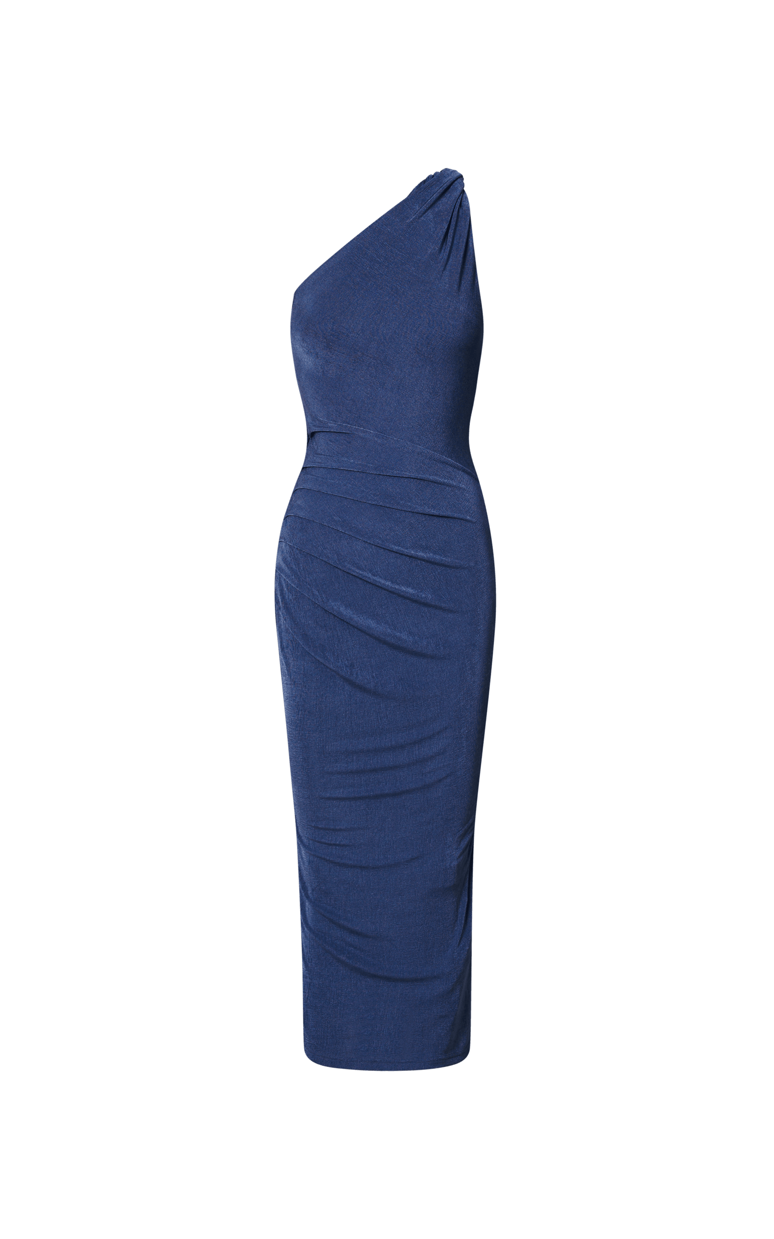 Arietty Midi Dress - One Shoulder Asymmetrical Ruched Dress in Steel Blue