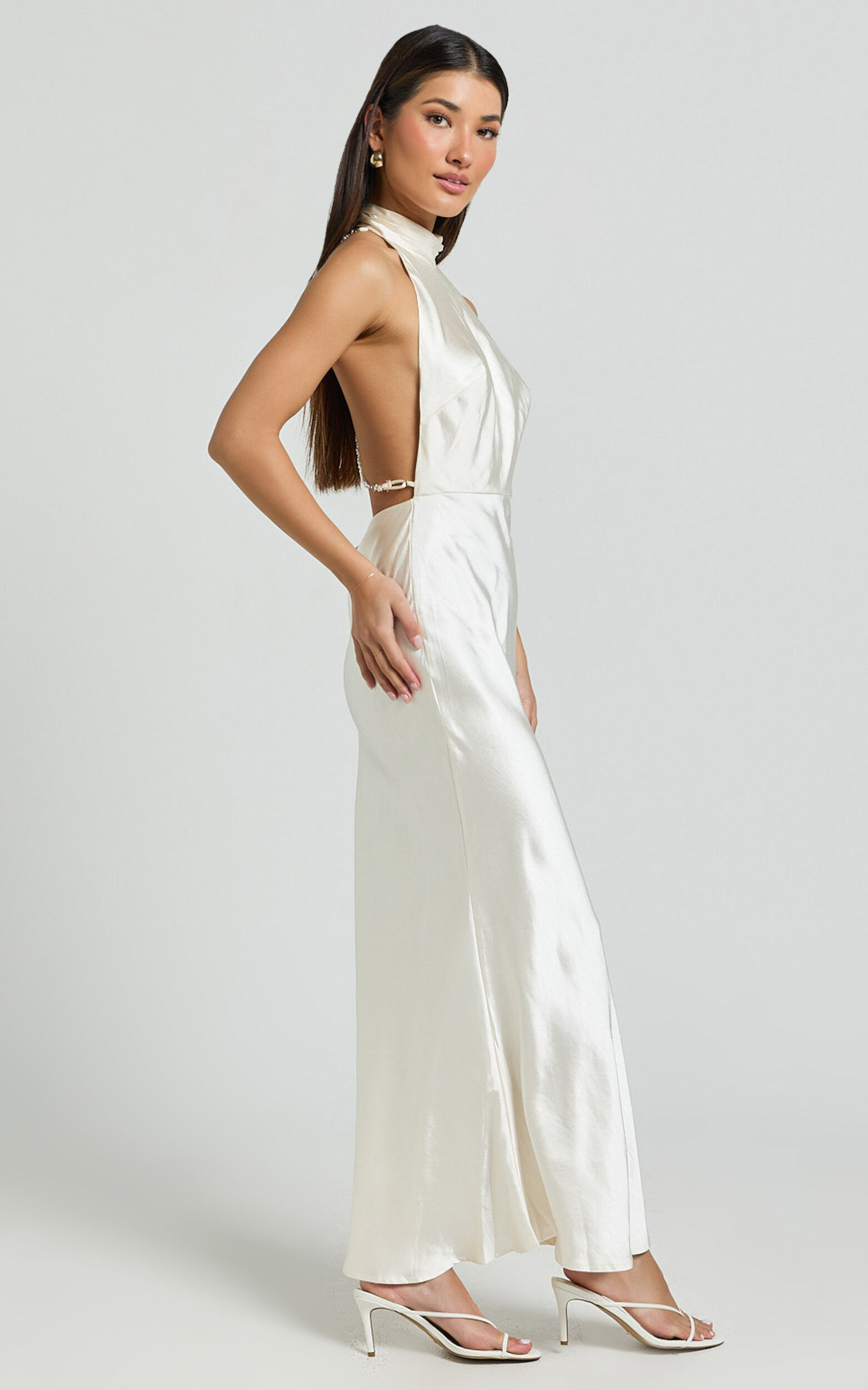 Cassie Midi Dress - High Neck Sleeveless Backless Slip Dress in Champagne