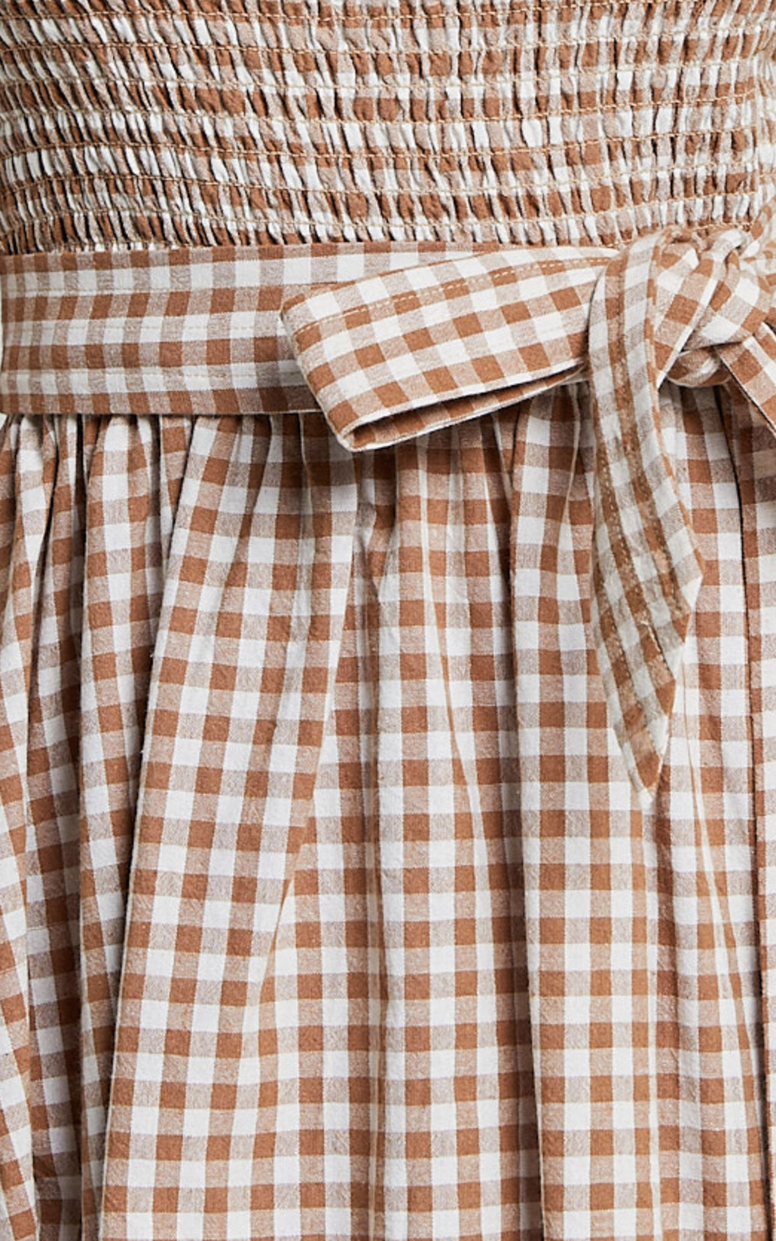 Liza Mini Dress - Shirred Bodice Short Sleeve Tie Dress in Caramel and White Gingham