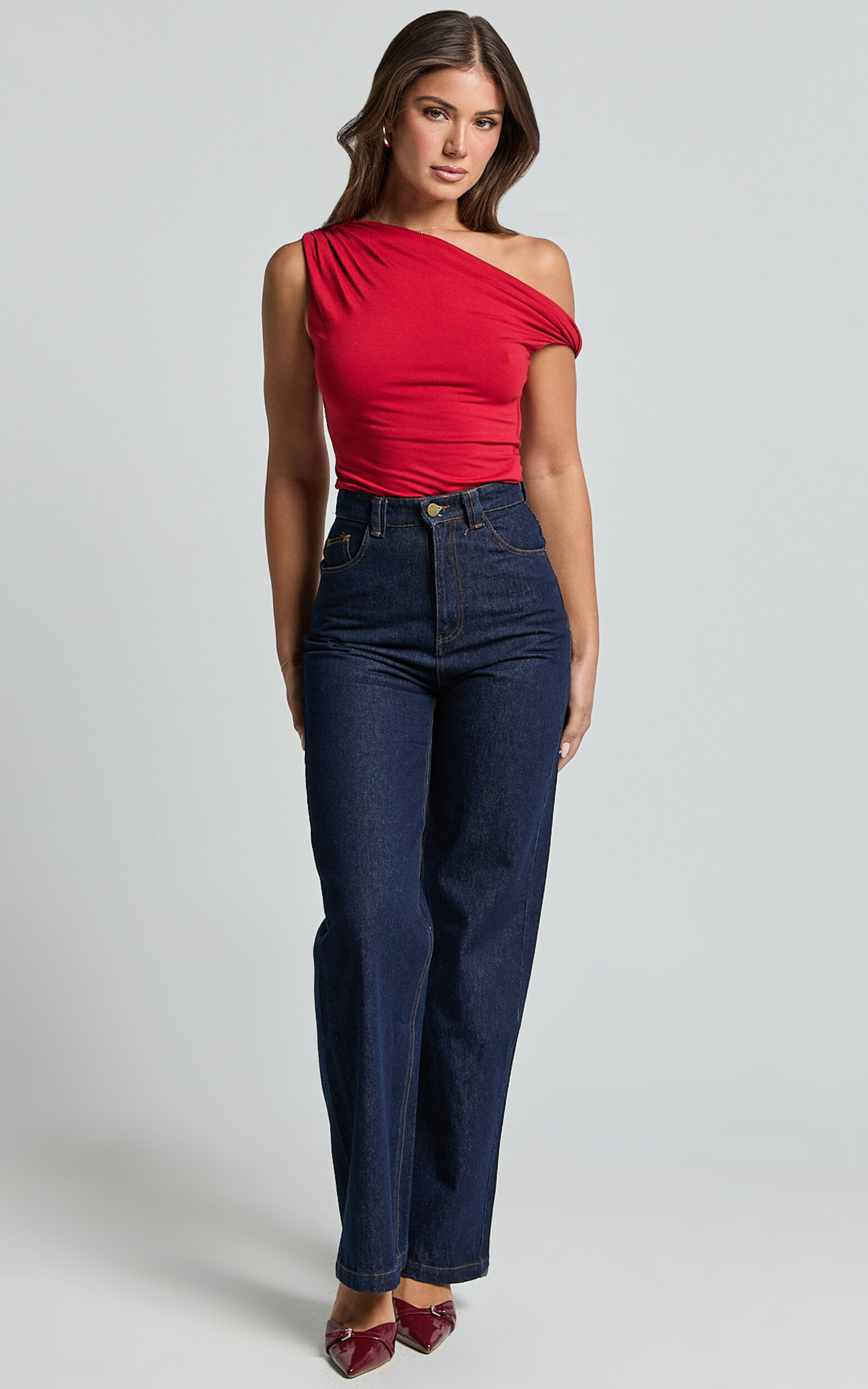 Jialeen Top - Off Shoulder Twist Asymmetrical Sleeve Top in Red