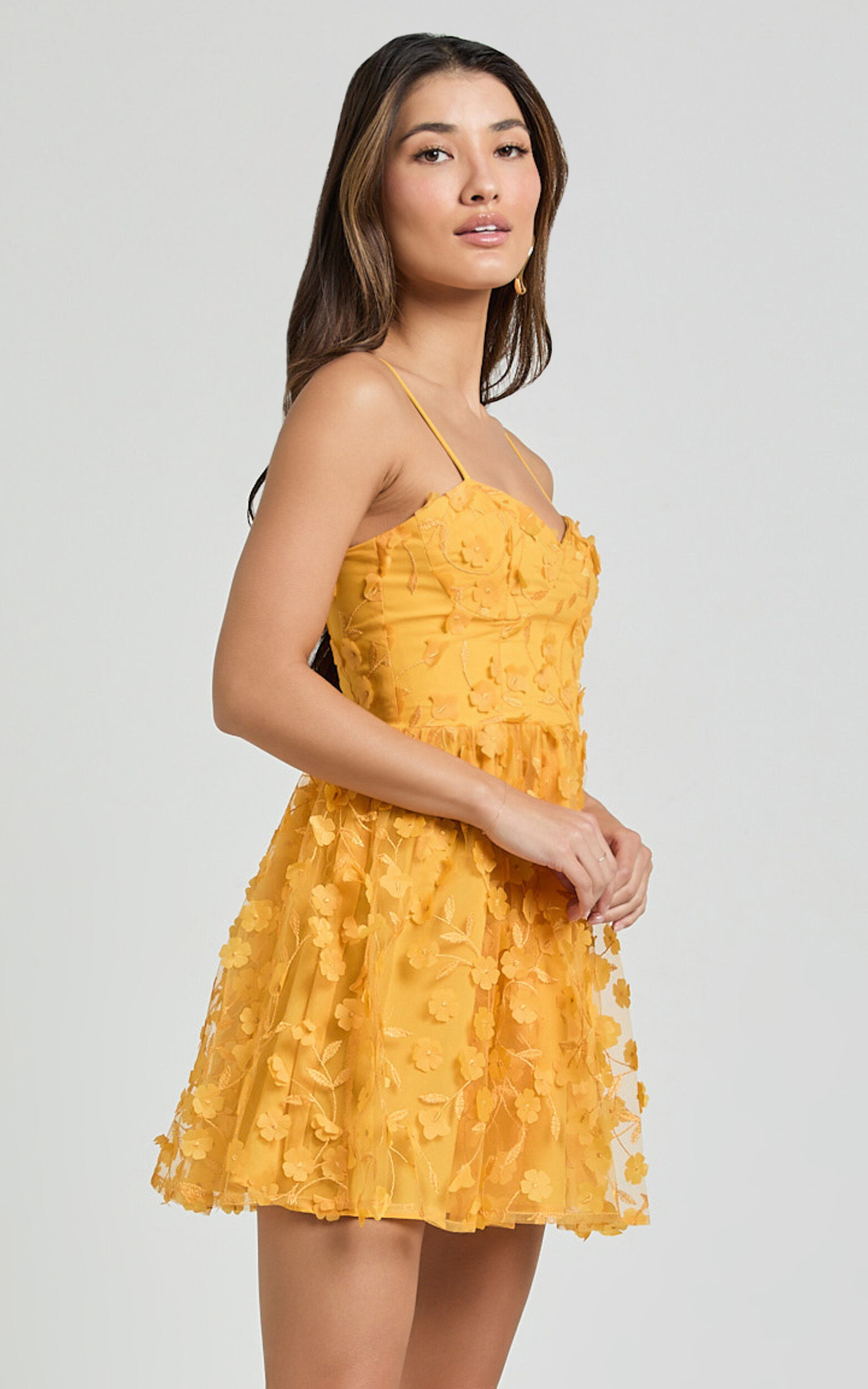 Prague Mini Dress - Strappy Embroidered Tulle Bustier Dress in Marigold