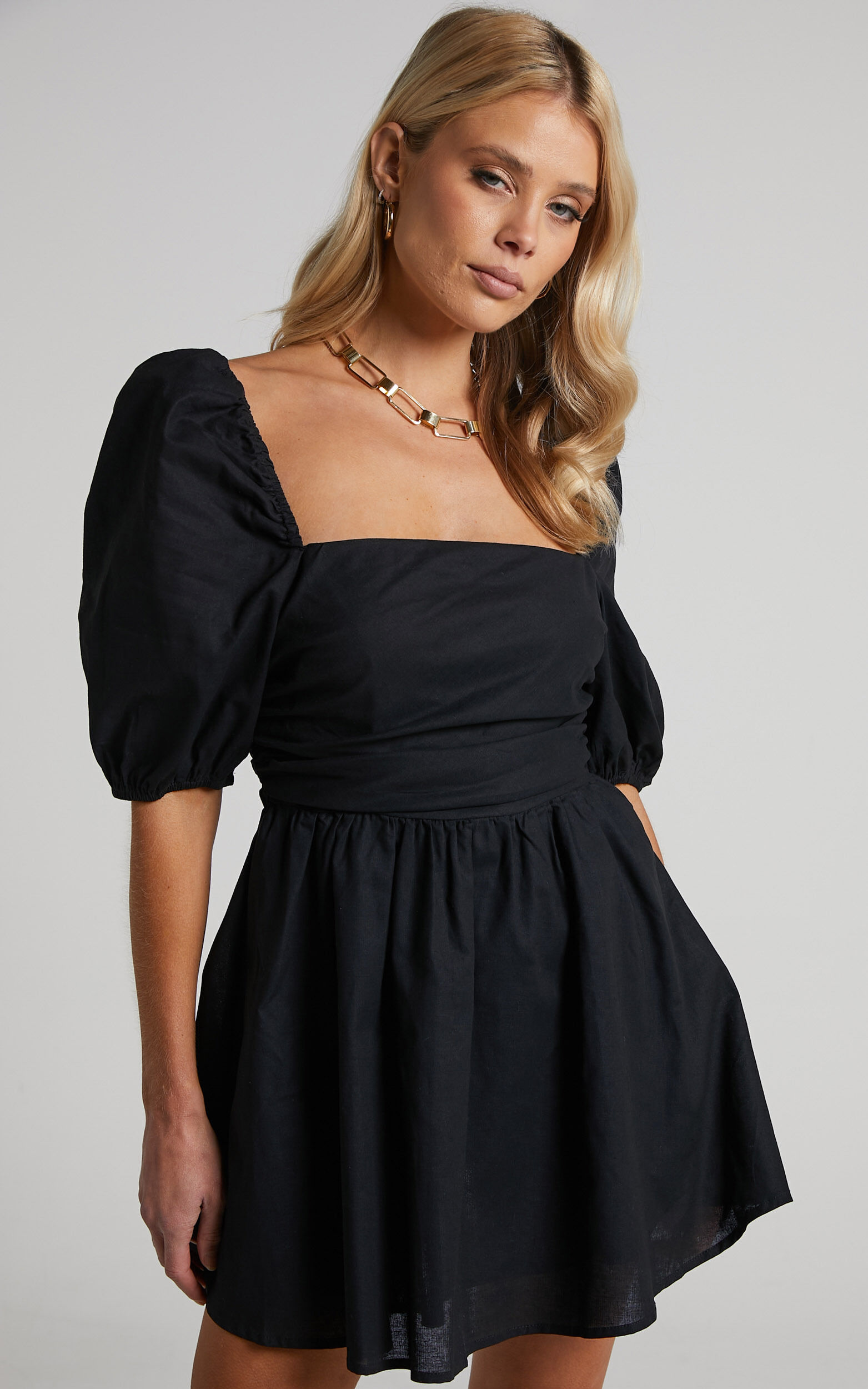 Claudina Mini Dress - Linen Look Puff Sleeve Ruched Bodice Dress in Black
