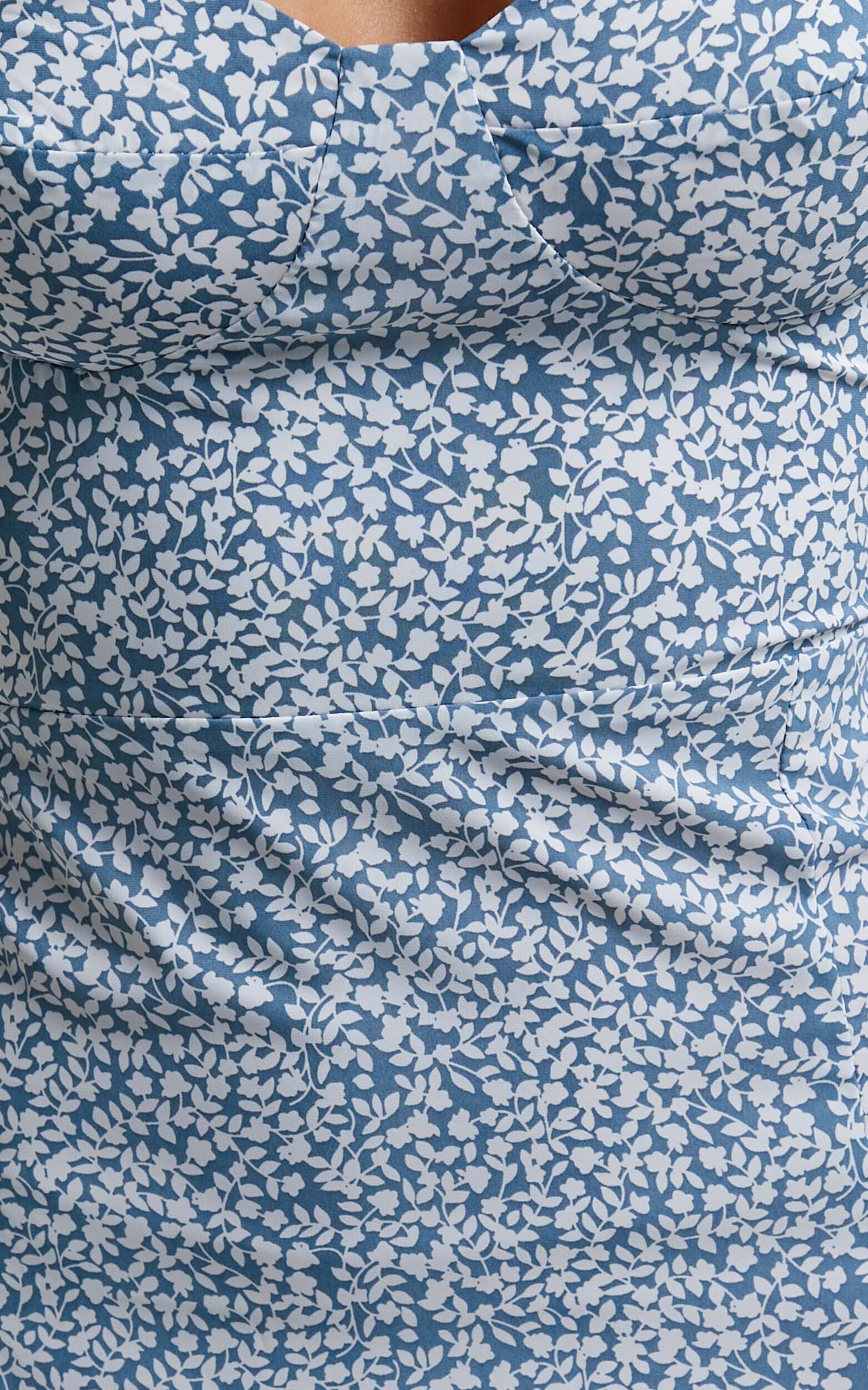 Prudence Midi Dress - Sweetheart Thigh Split Dress in Blue Floral