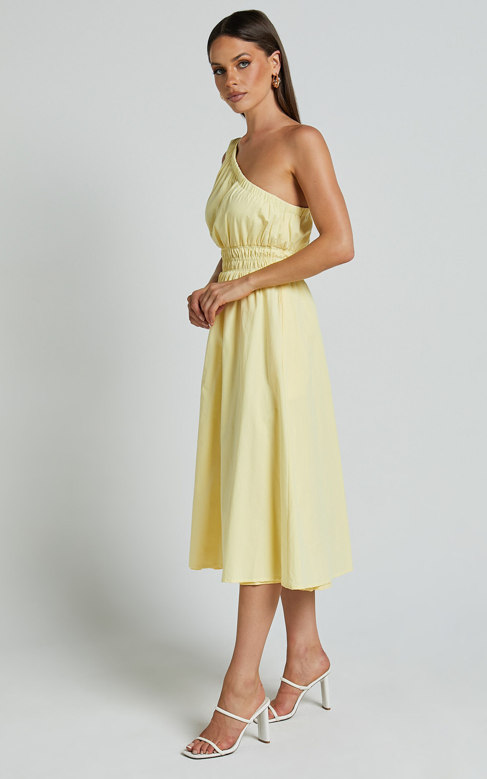 Yulia Midi Dress - One Shoulder Shirred Waist Dress in Lemon