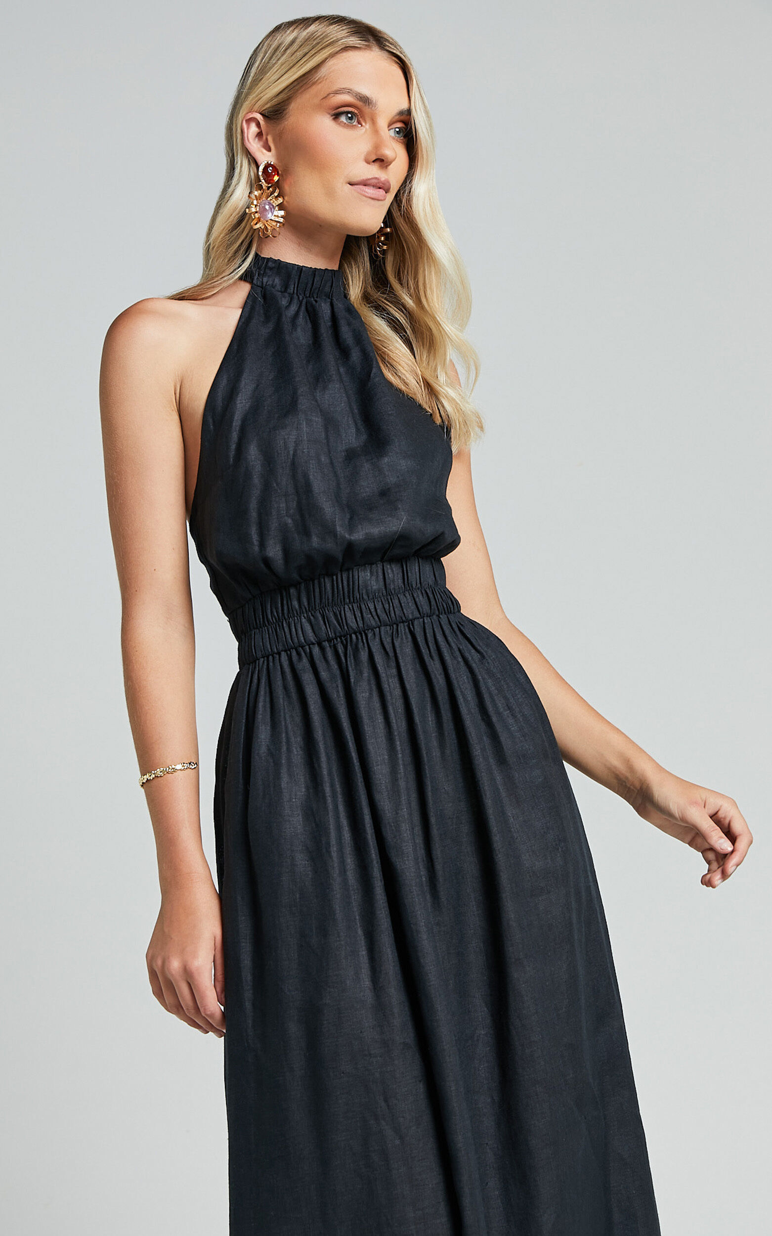 Amalie The Label - Shepard Linen Blend Halter Neck Maxi Dress in Black