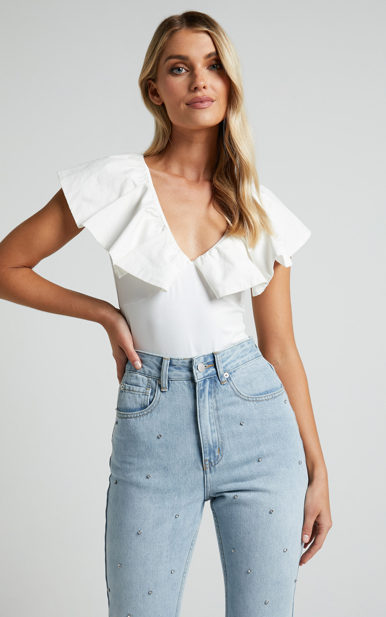 Kimber Bodysuit - V Neck Frill Bodysuit in White