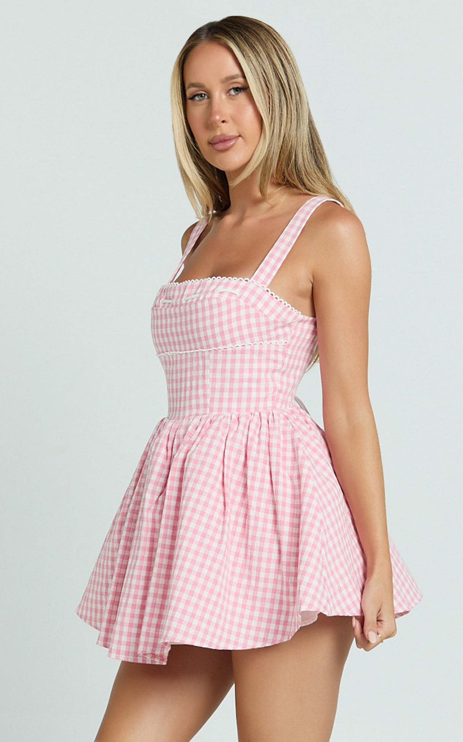 Caitlin Mini Dress - Gingham Square Neck Fit And Flare Dress in Pink