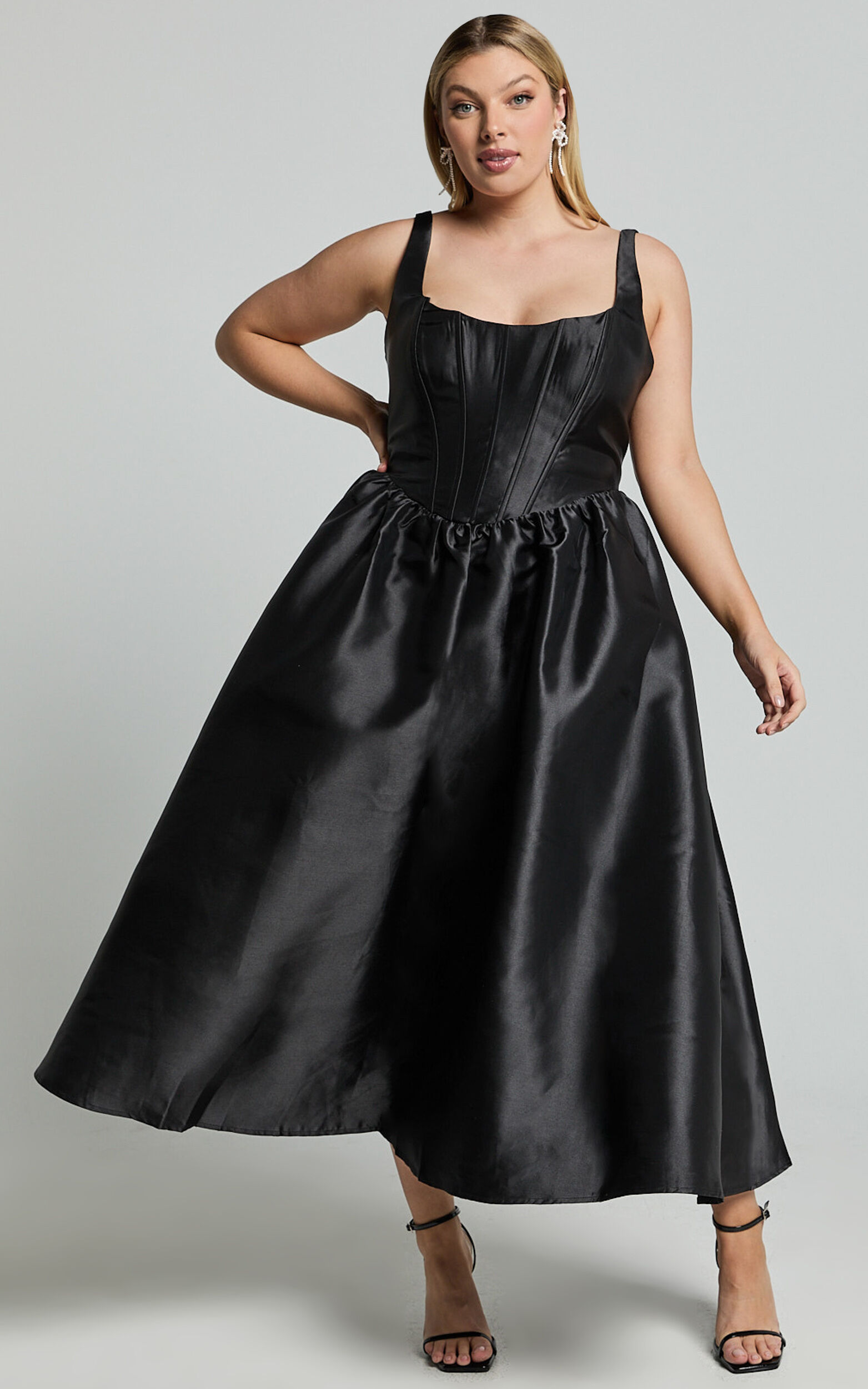 Courtney Midi Dress - Corset Panel Low Back Dress in Black