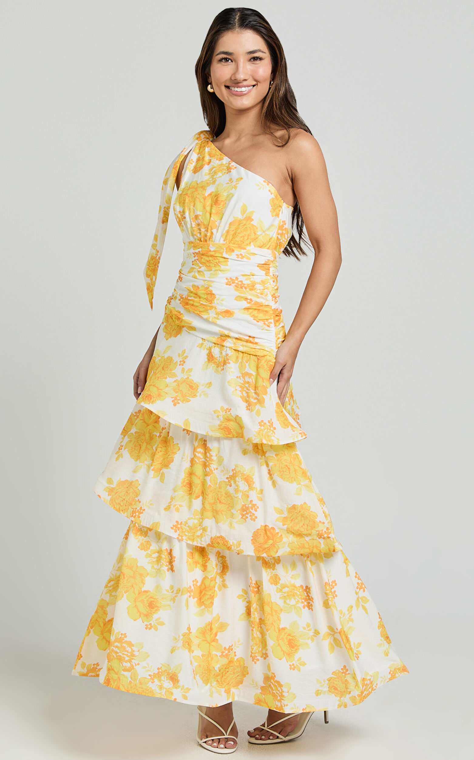 Krissy Midi Dress - Asymmetrical Tie Shoulder Layered Dress in Yellow Floral