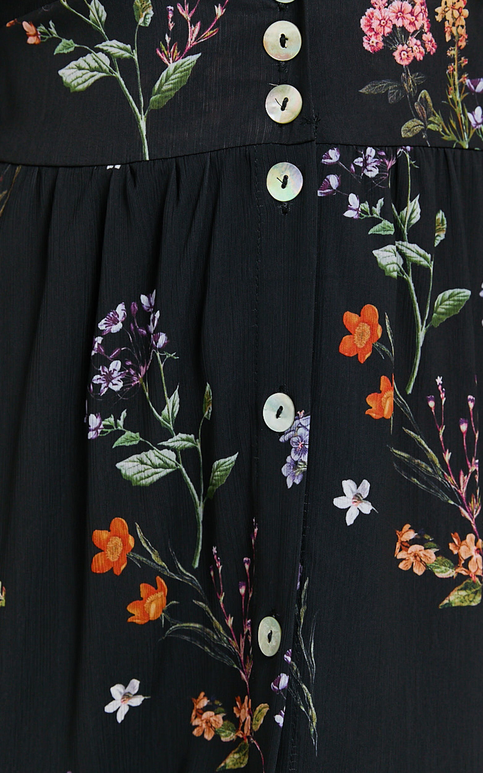 Inka Midi Dress - Short Sleeve Button Down Dress in Black Flower Field