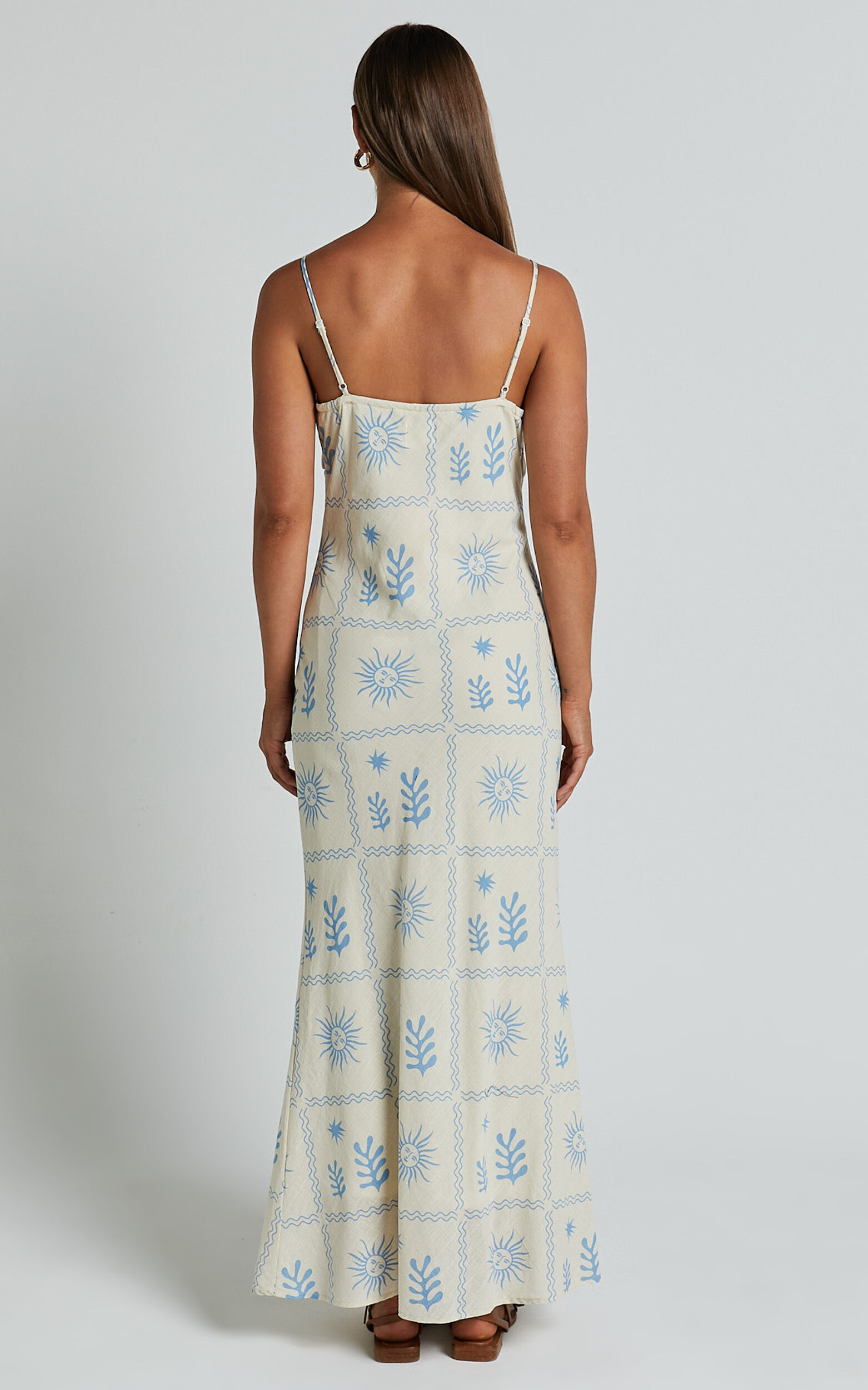 Zinnia Midi Linen Dress - Strappy Linen Slip Dress in Beige/Blue Border Print