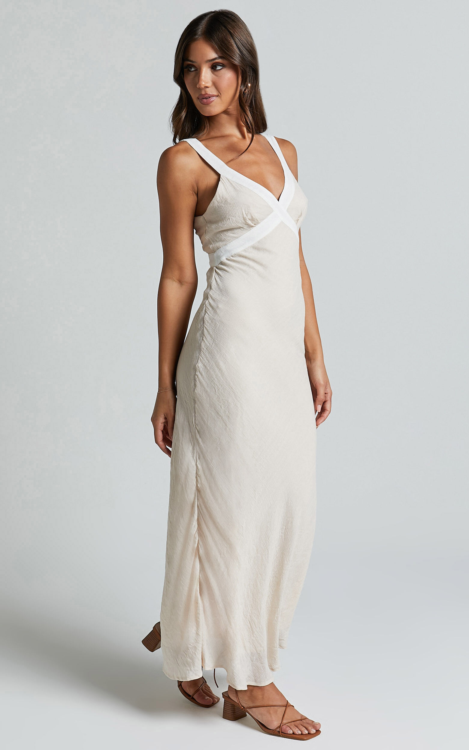 Chakyra Midi Linen Dress - Contrast Strap Bias Cut Column Dress in Beige with White Contrast