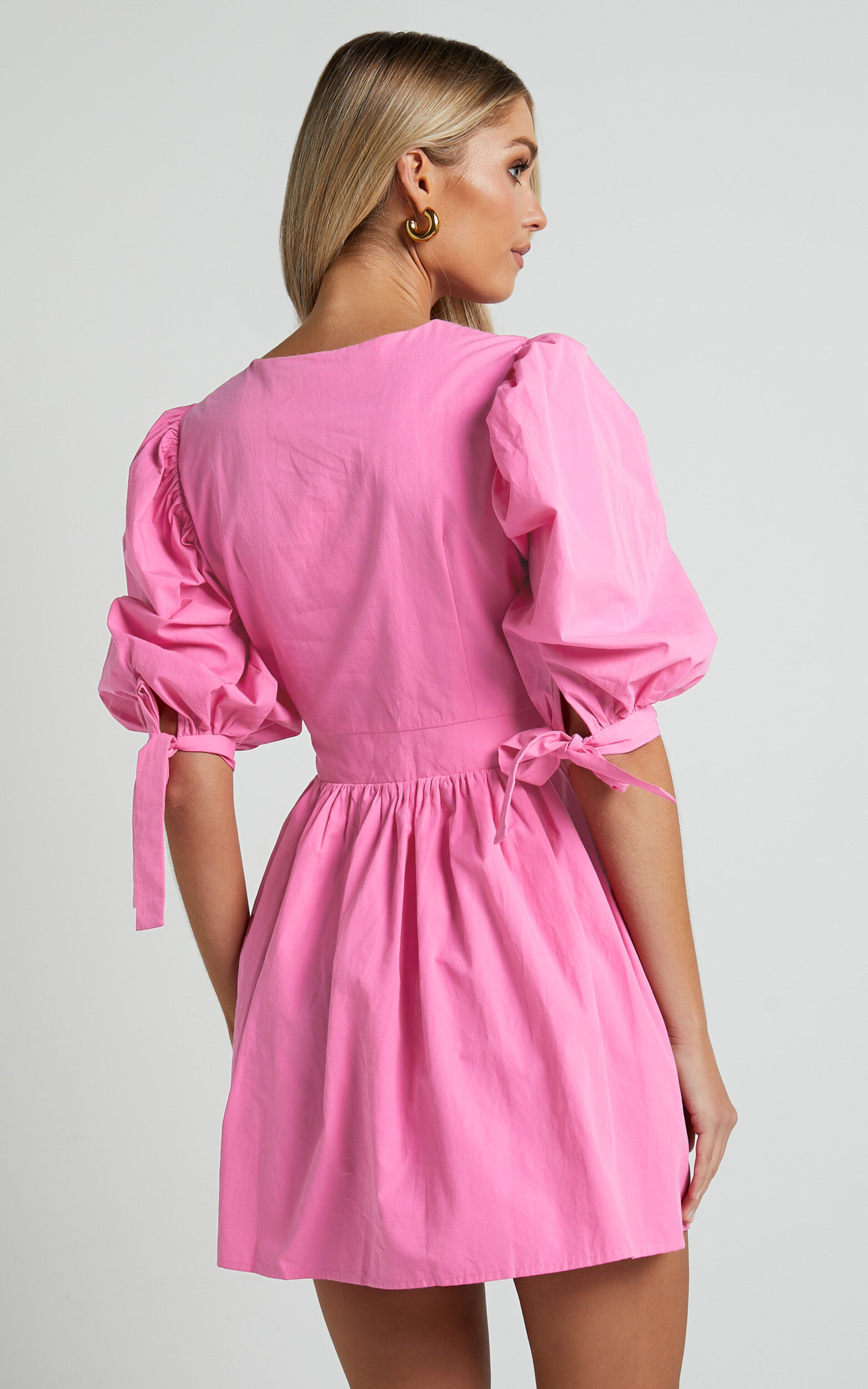 Zandra Mini Dress - Puff Sleeve Poplin Dress in ICE PINK