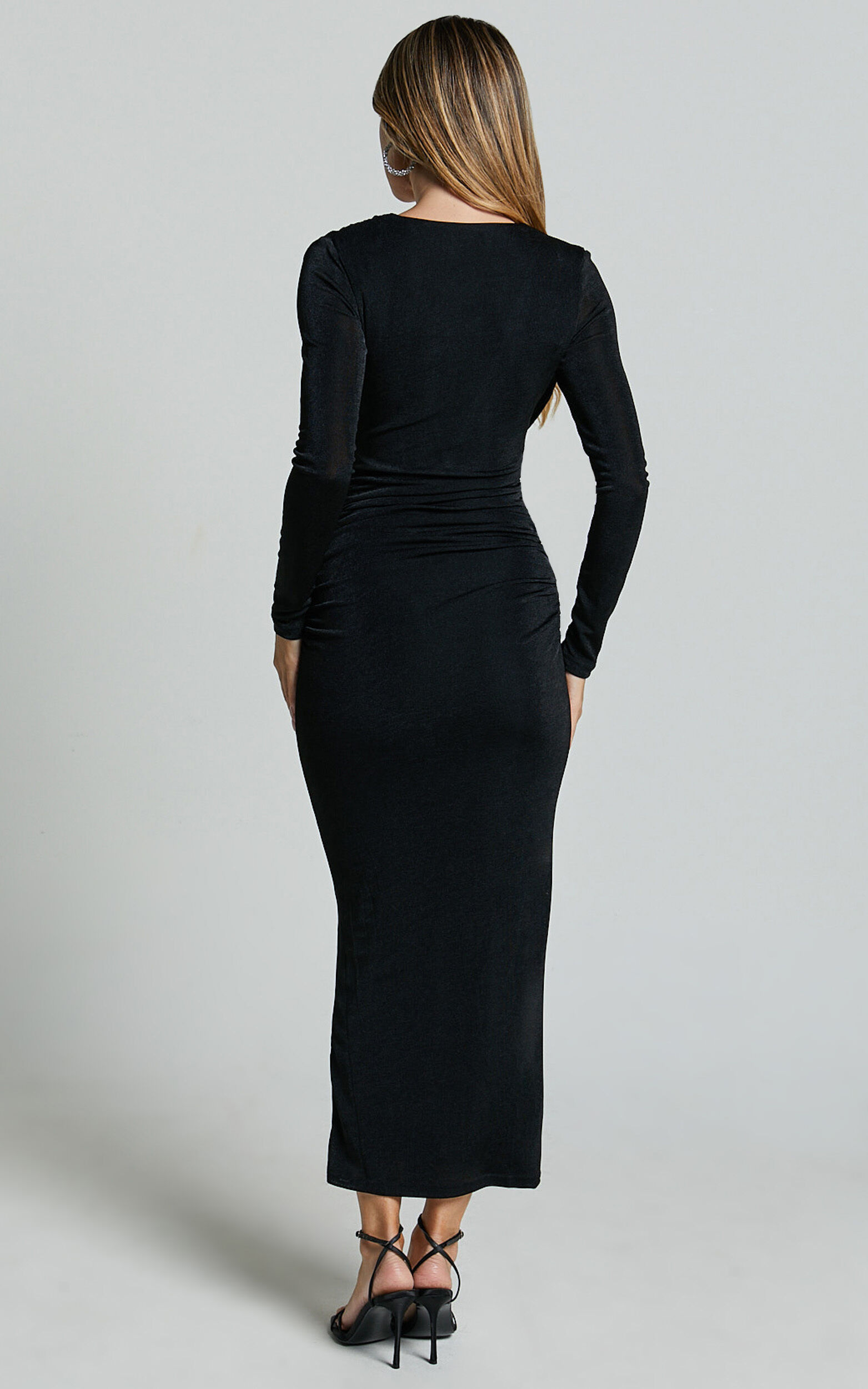 Melanie Midi Dress - Plunge Long Sleeve Tie Front Dress in Black