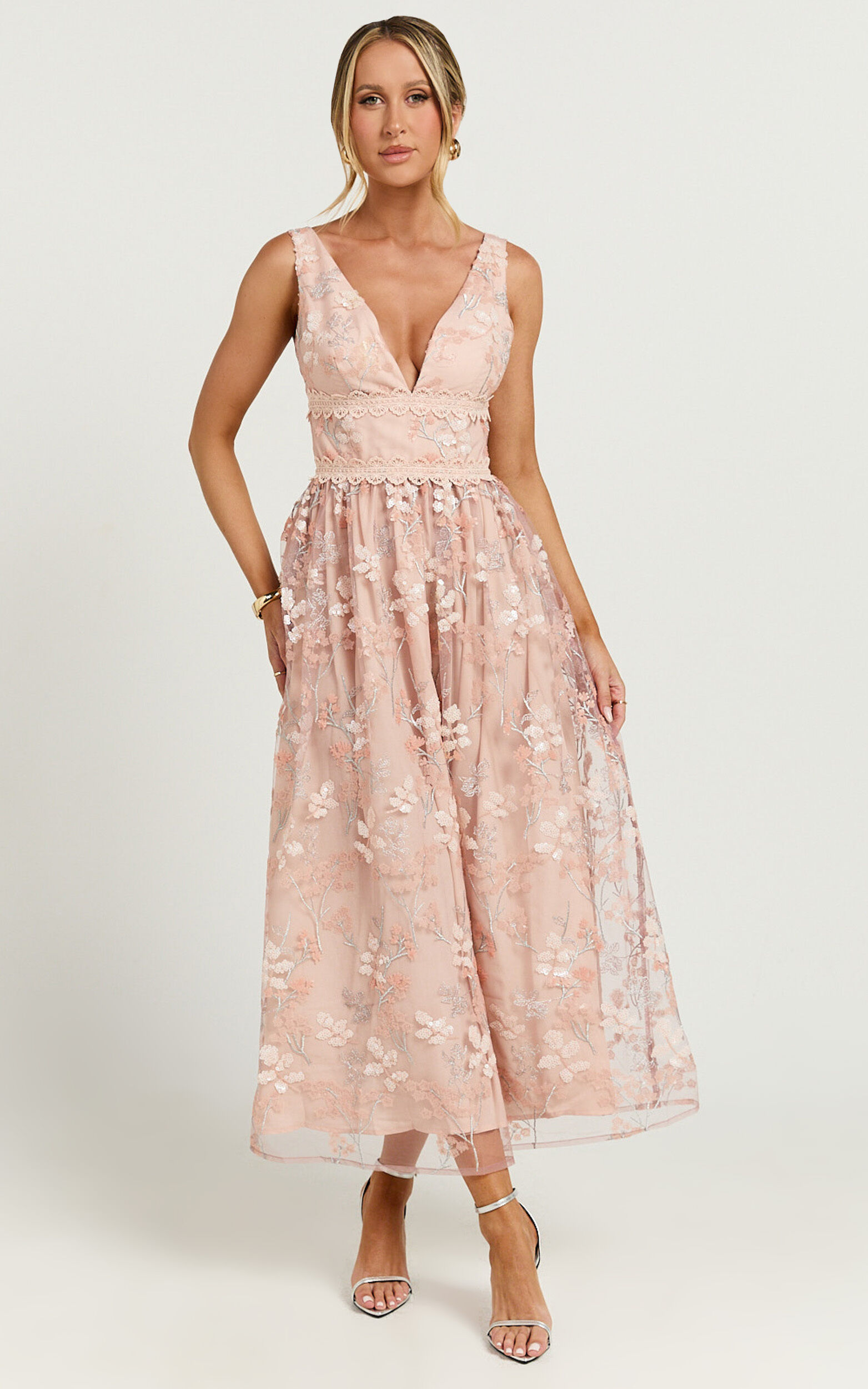 Seychelles Midi Dress - Plunge Embroidery 3d Floral Lace Dress in Light Pink