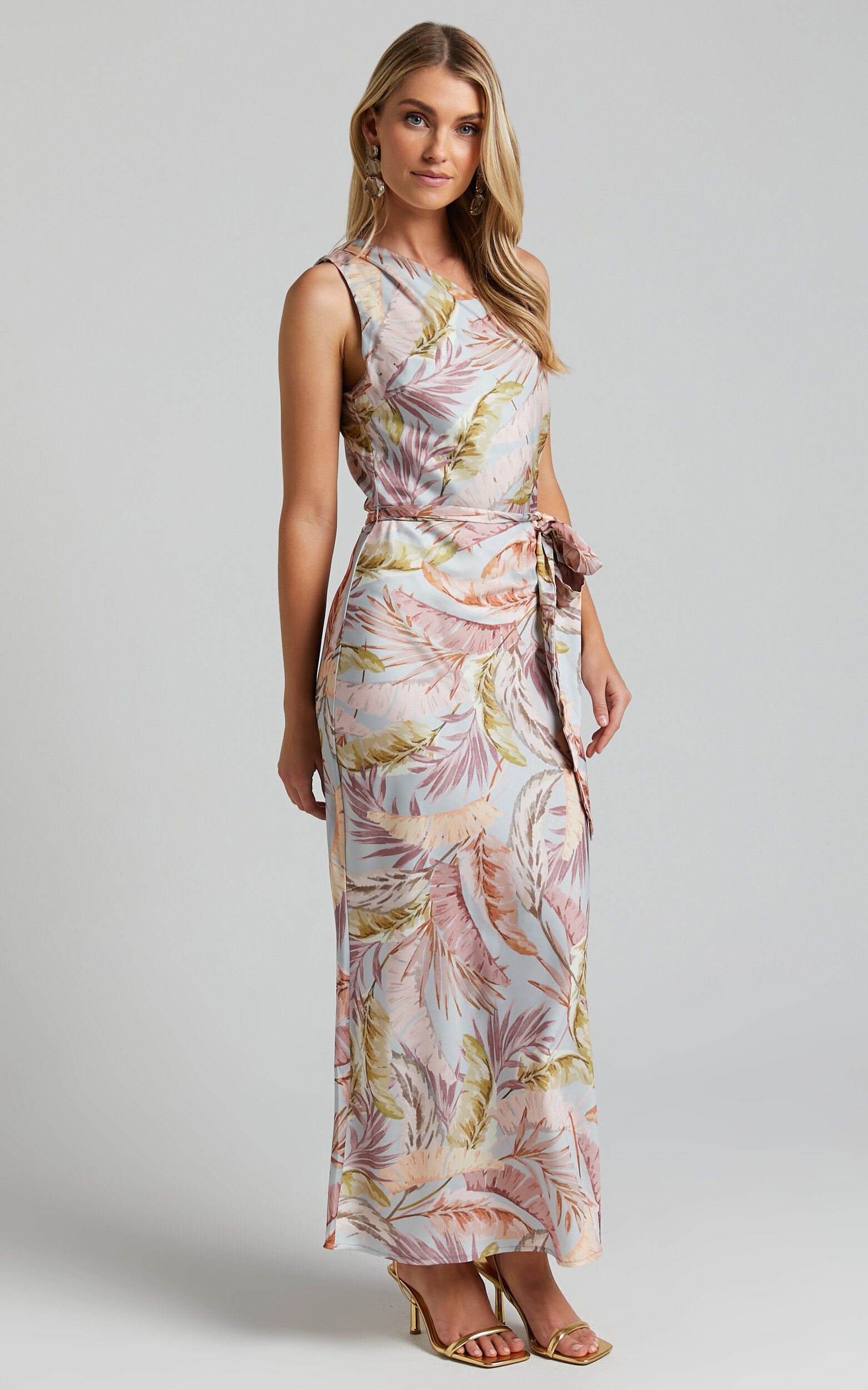 Adea Midi Dress - Asymmetric One Shoulder Slip Dress in Blue Lagoon Leaf Print