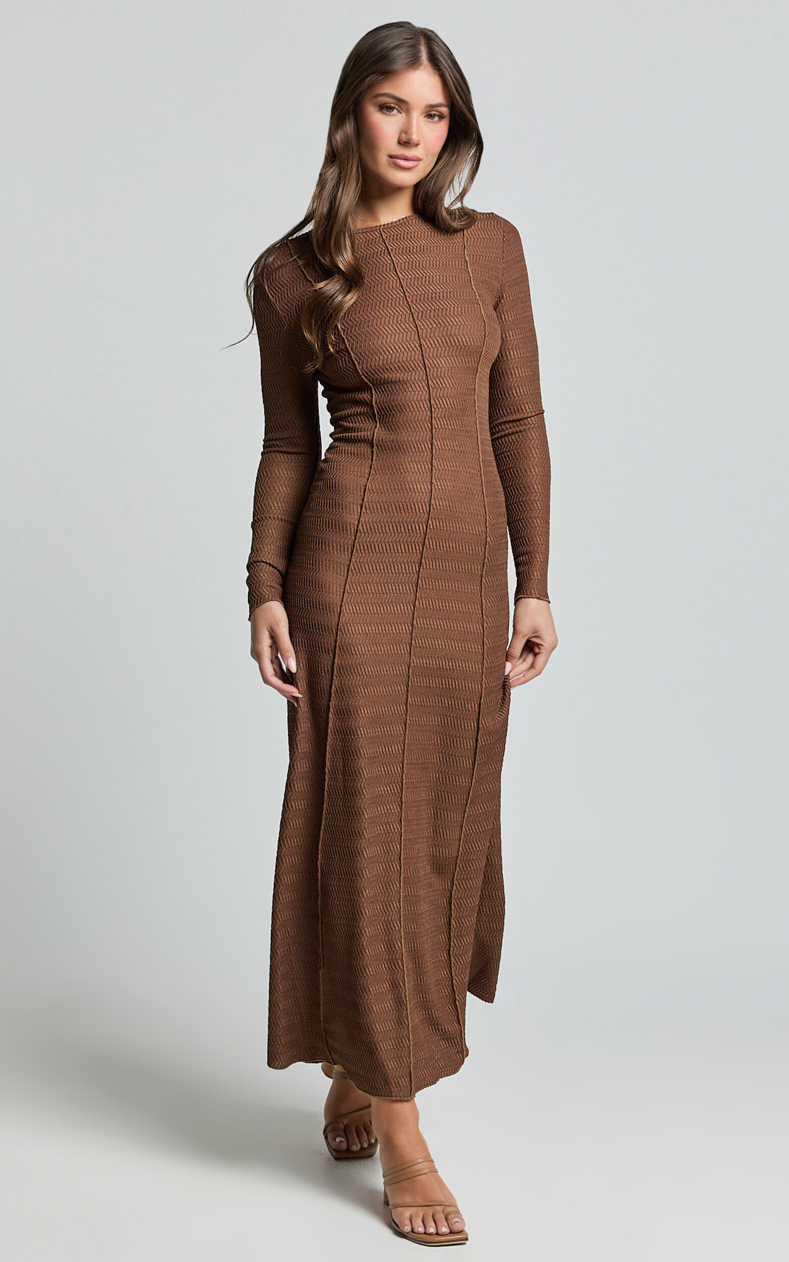 Valencia Maxi Dress - Long Sleeve A Line Dress in Chocolate