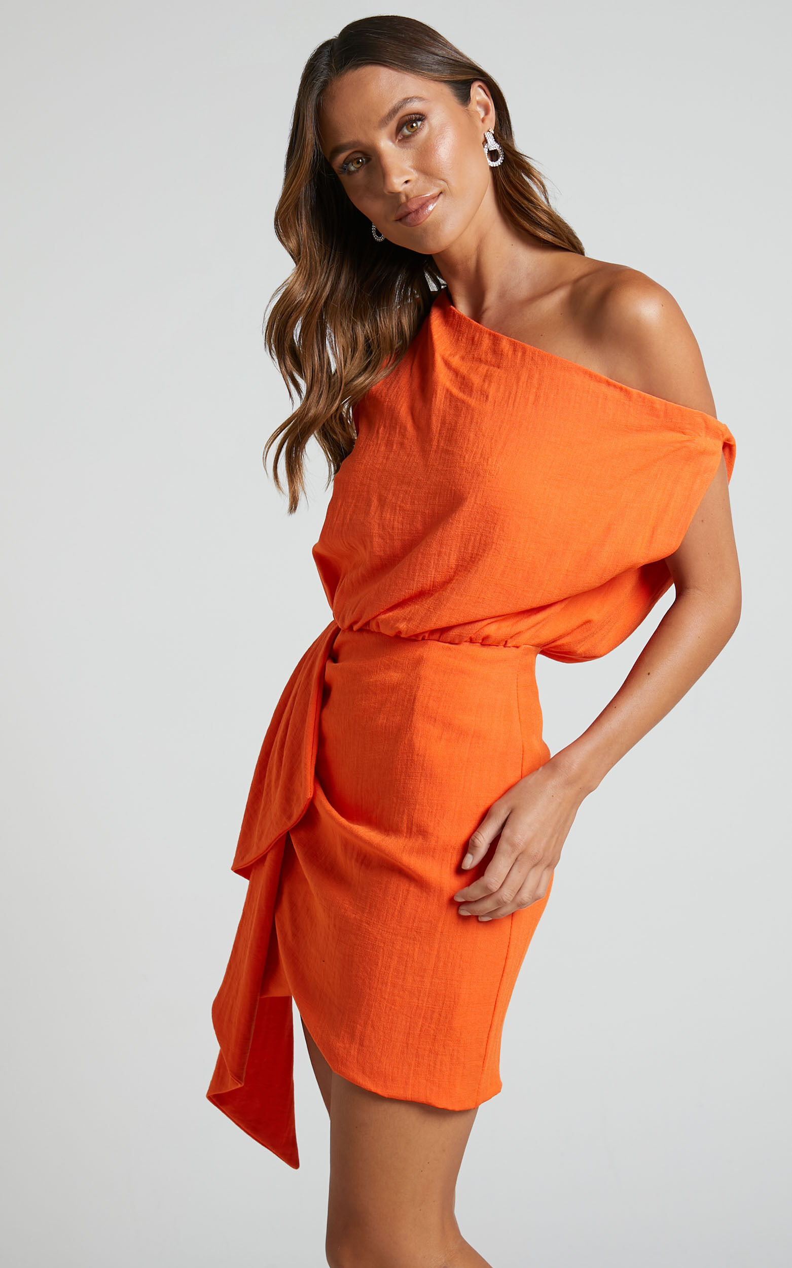 Niana Mini Dress - Drape One Shoulder Dress in Orange