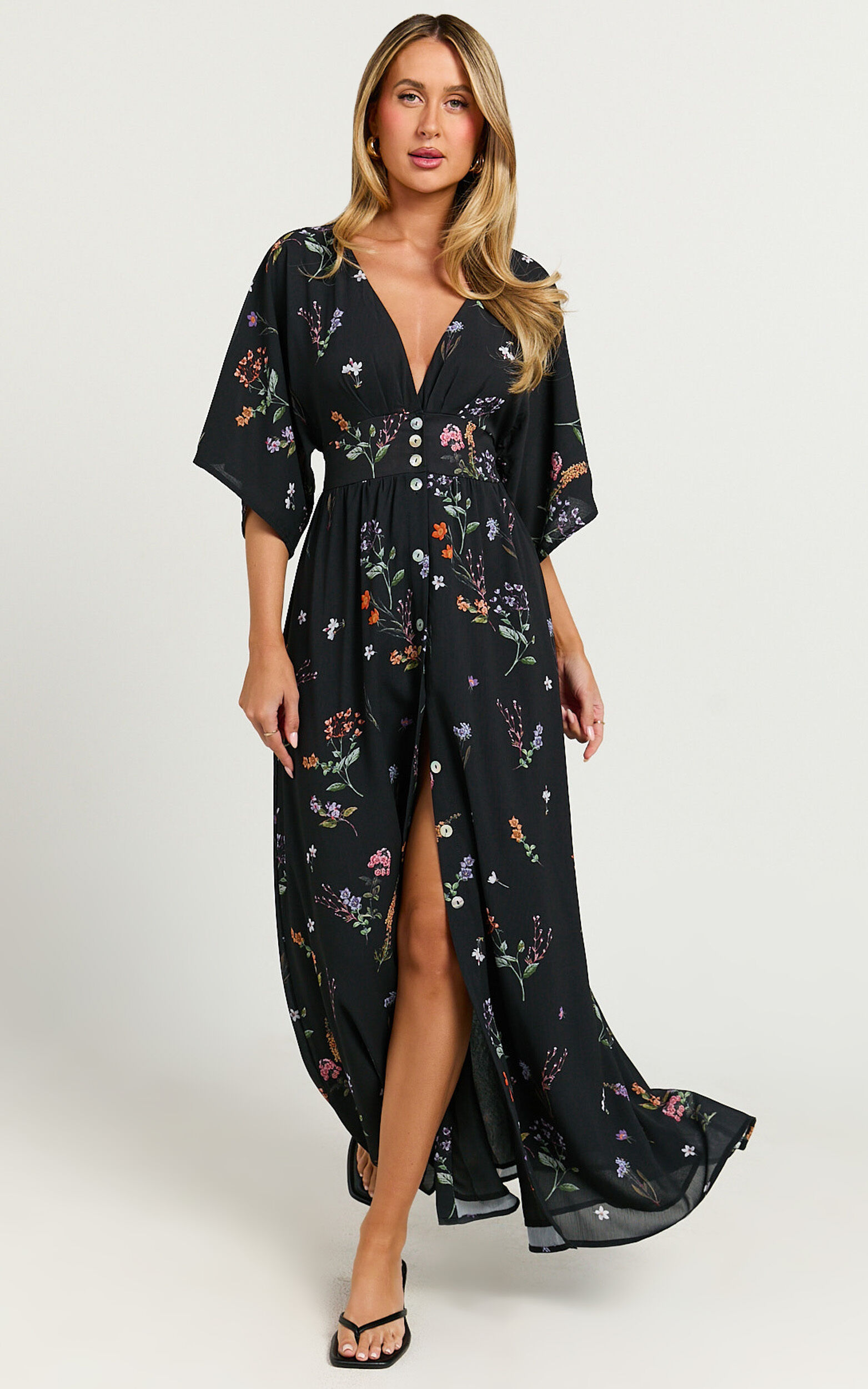 Inka Midi Dress - Short Sleeve Button Down Dress in Black Flower Field