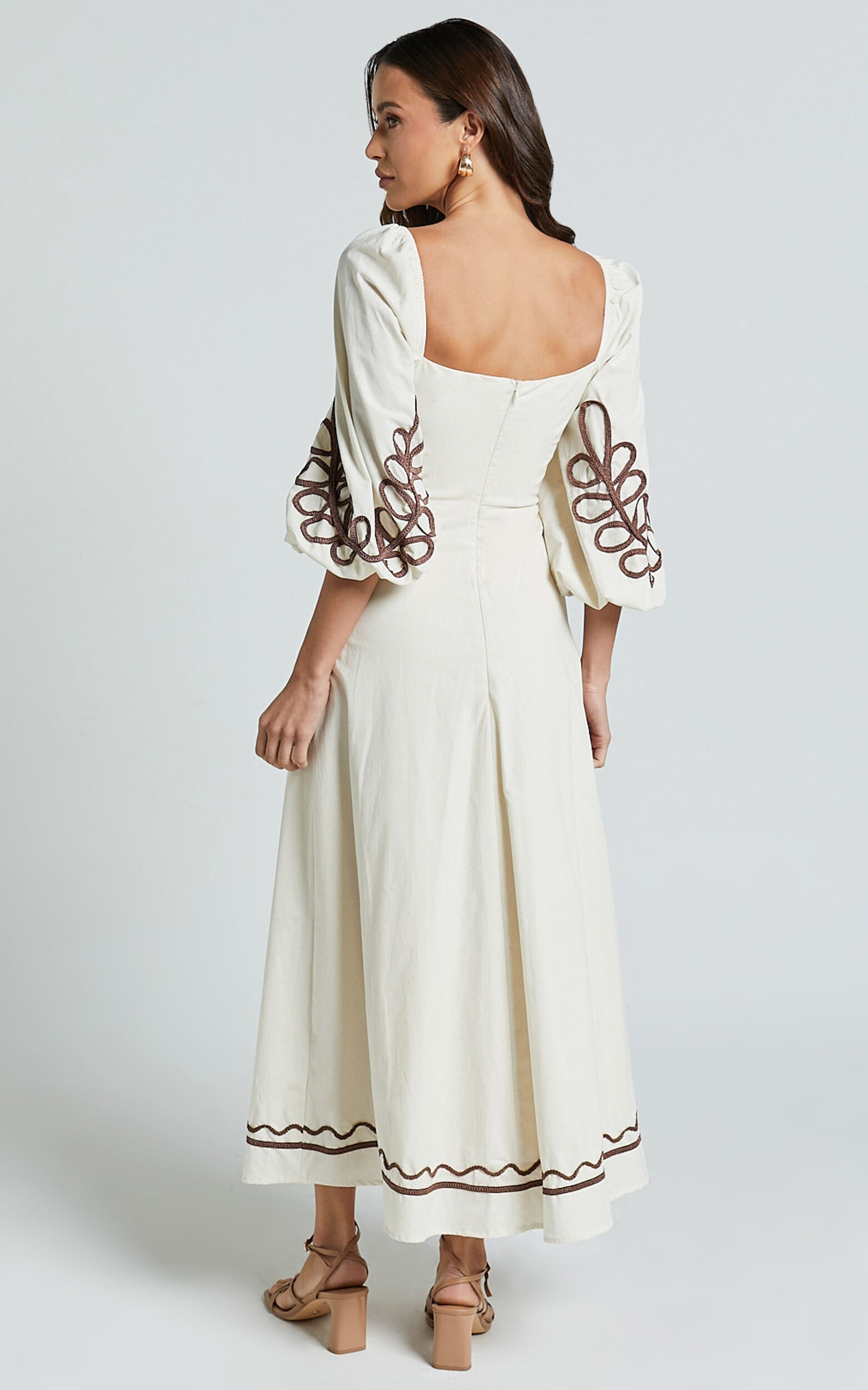 Isadora Midi Linen Dress - Cut Out Long Sleeve Contrast Embroidery Dress in Natural