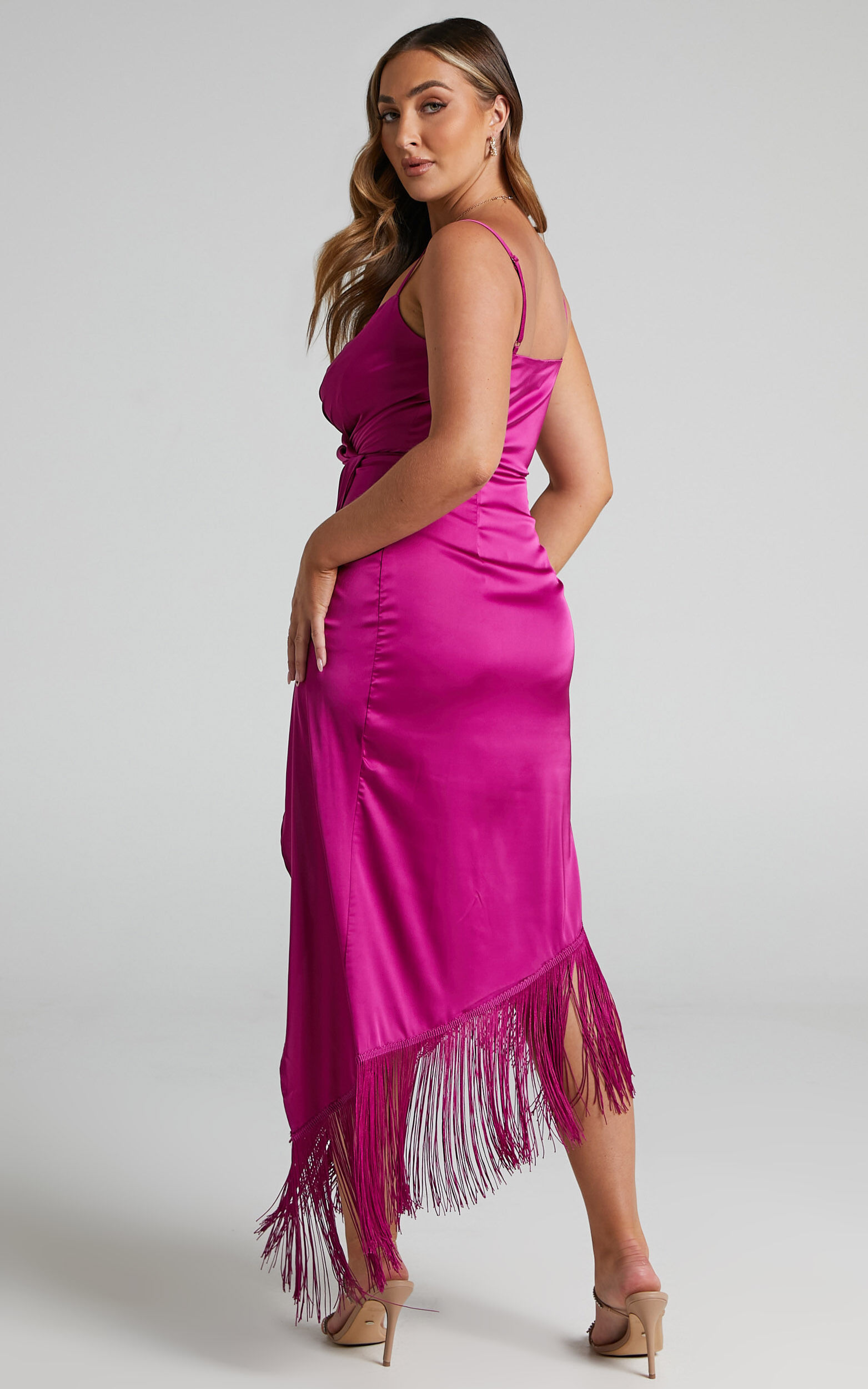 Rholie Midi Dress - Plunge Neck Fringe Hem Fixed Wrap Dress in Pink
