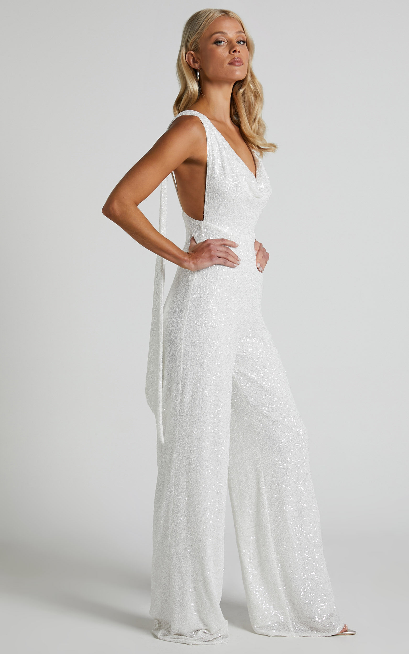 Malisha Jumpsuit - Cowl Neck Backless Jumpsuit in White Sequin